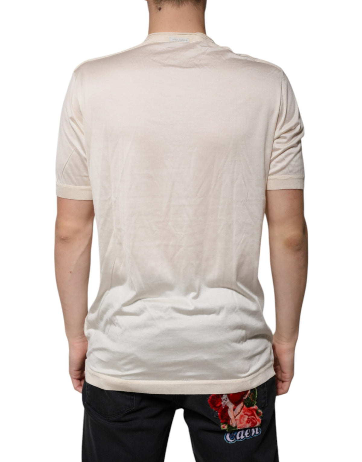Dolce & Gabbana Off White Silk Henley Short Sleeves Men's T-Shirt