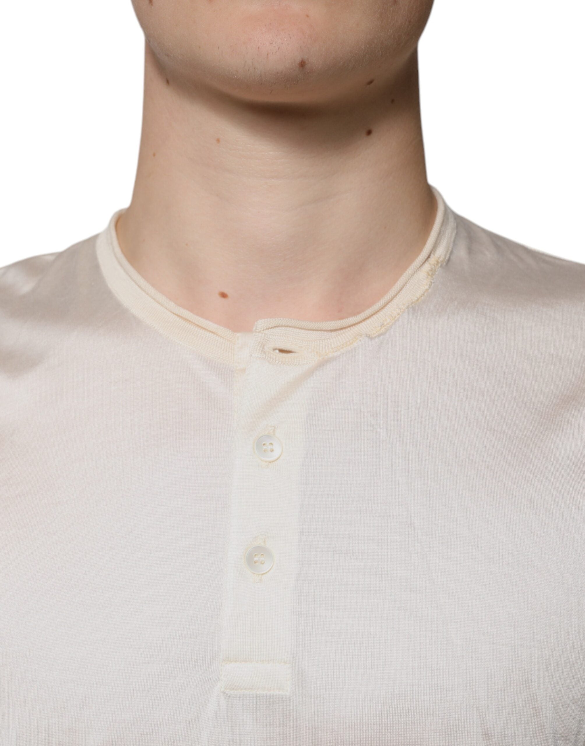 Dolce & Gabbana Off White Silk Henley Short Sleeves Men's T-Shirt
