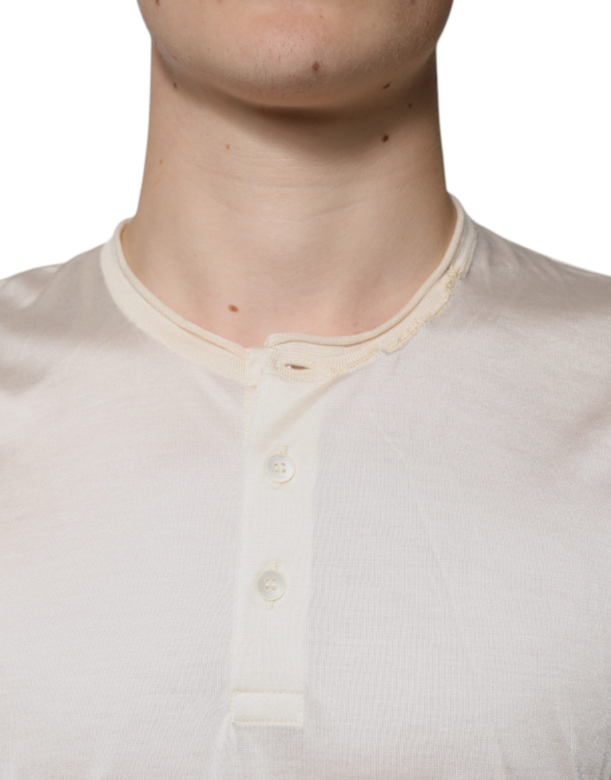 Dolce & Gabbana Off White Silk Henley Short Sleeves Men's T-Shirt