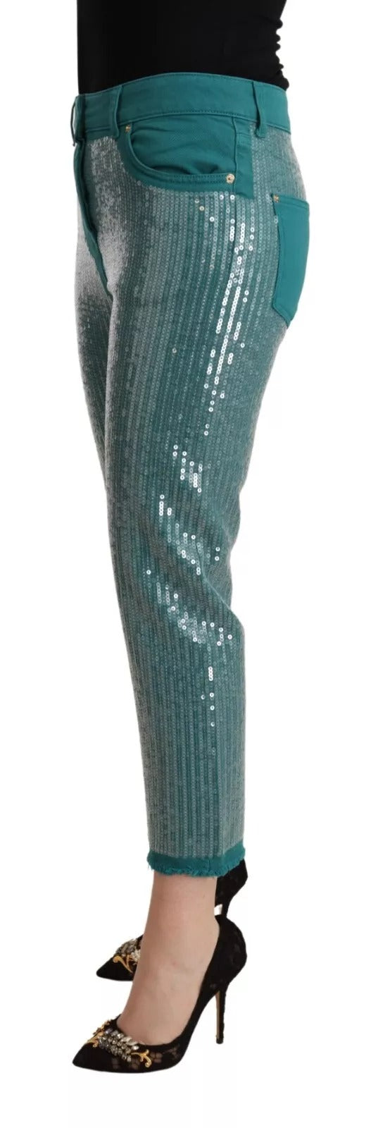 Blumarine Cadet Blue Sequined Low Waist Cropped Trouser Women's Pants (Pre-Owned)