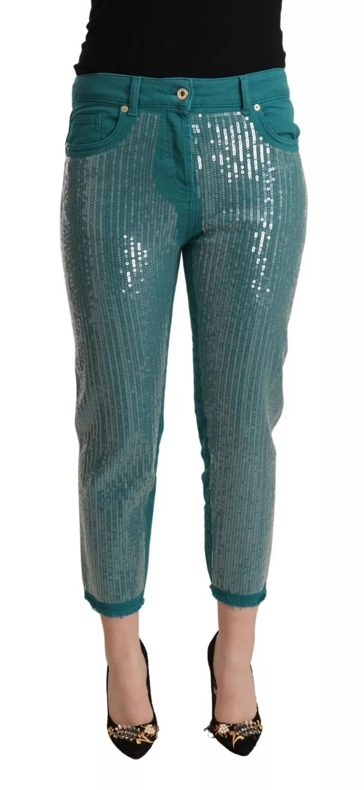 Blumarine Cadet Blue Sequined Low Waist Cropped Trouser Women's Pants (Pre-Owned)