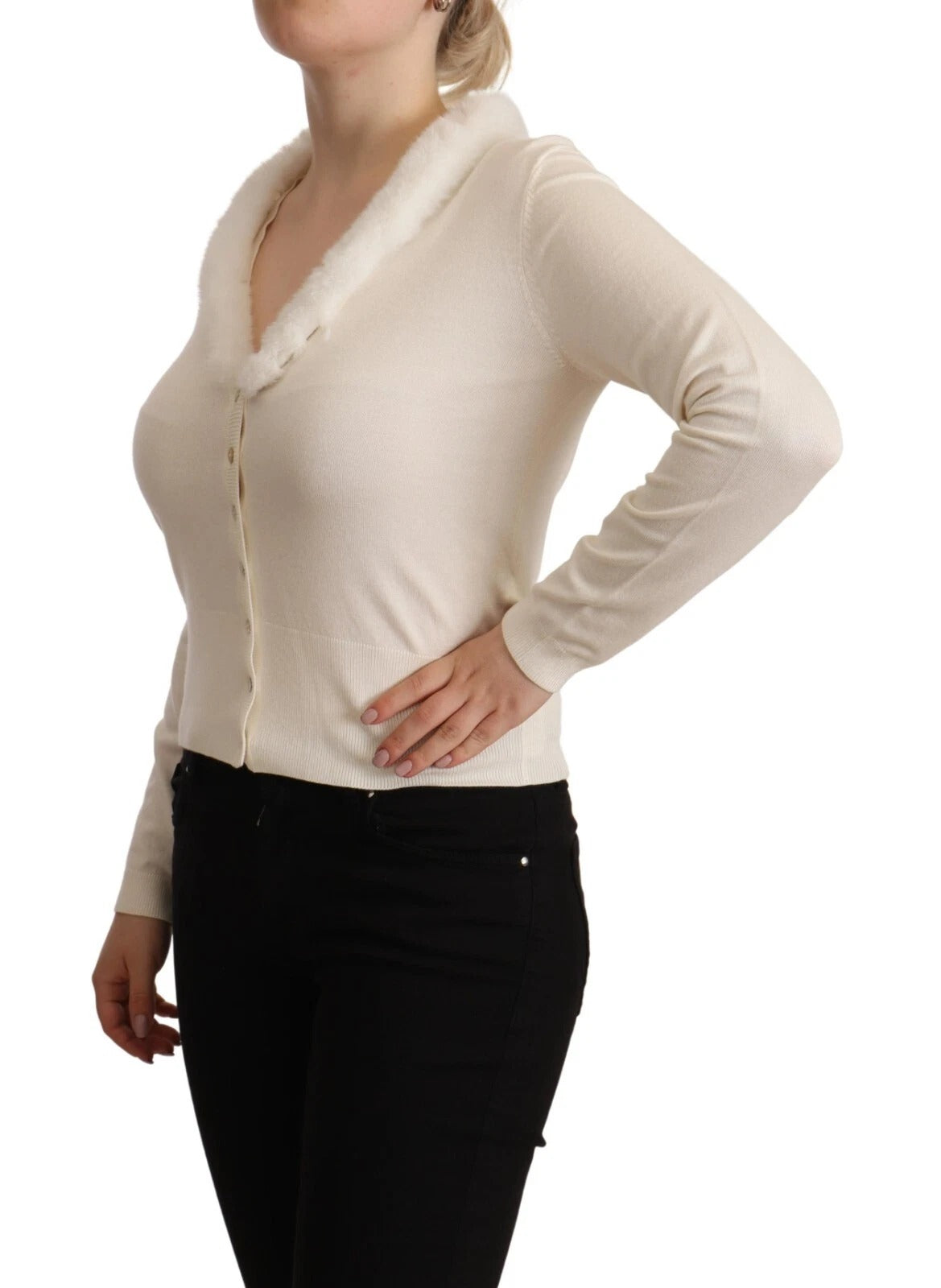 Liu Jo White Viscose Long Sleeves Fur Shearling Women's Blouse (Pre-Owned)