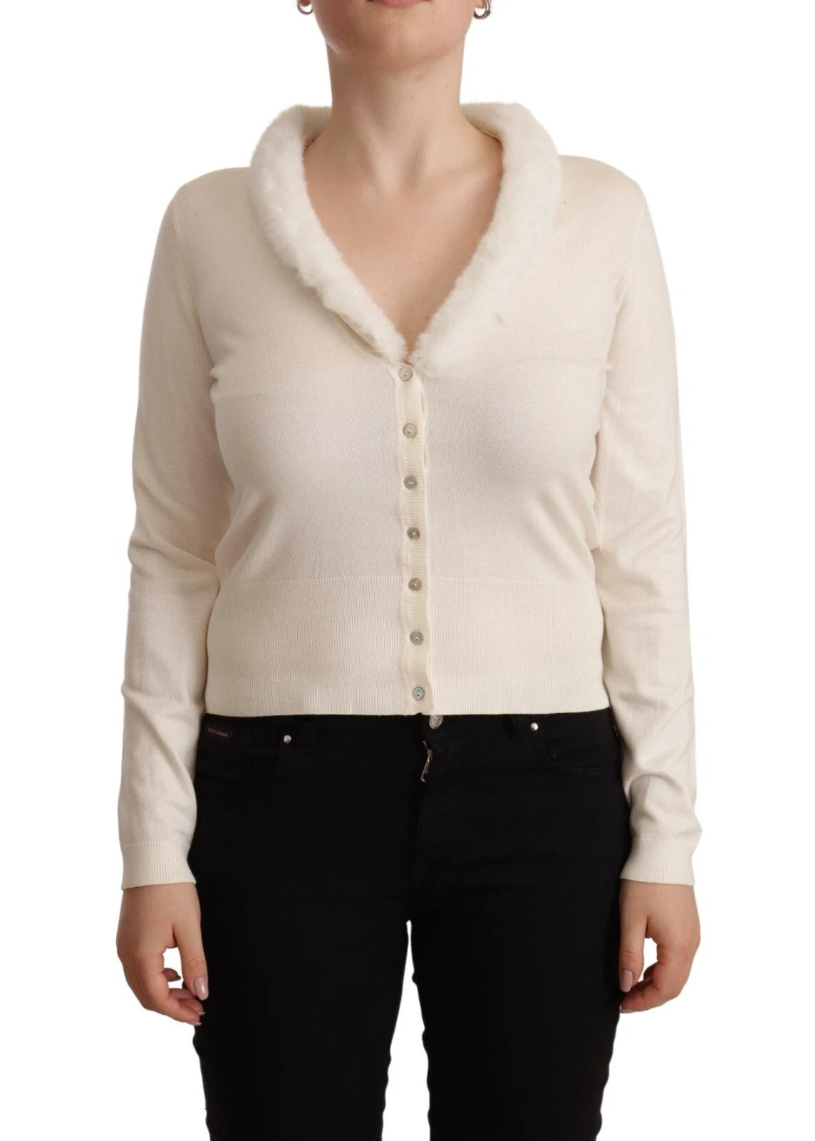 Liu Jo White Viscose Long Sleeves Fur Shearling Women's Blouse (Pre-Owned)