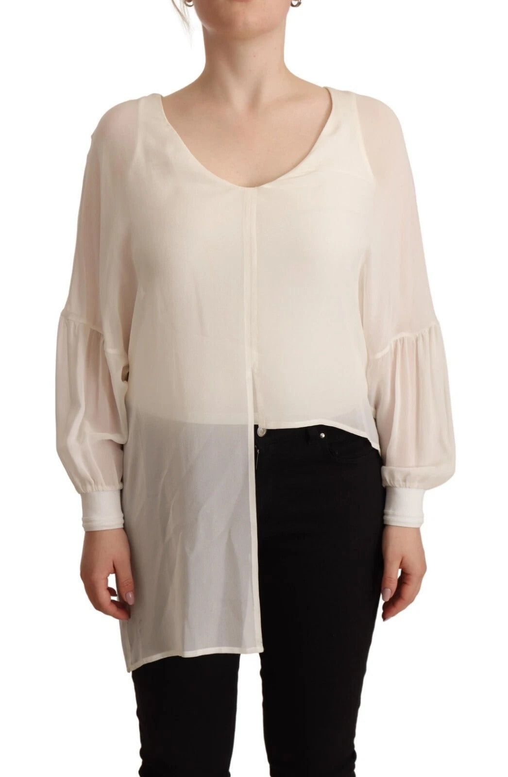 Patrizia Pepe Off White Silk Long Sleeves Deep Vneck Women's Top (Pre-Owned)