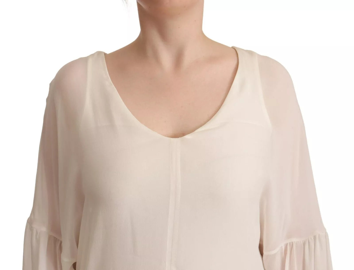 Patrizia Pepe Off White Silk Long Sleeves Deep Vneck Women's Top (Pre-Owned)