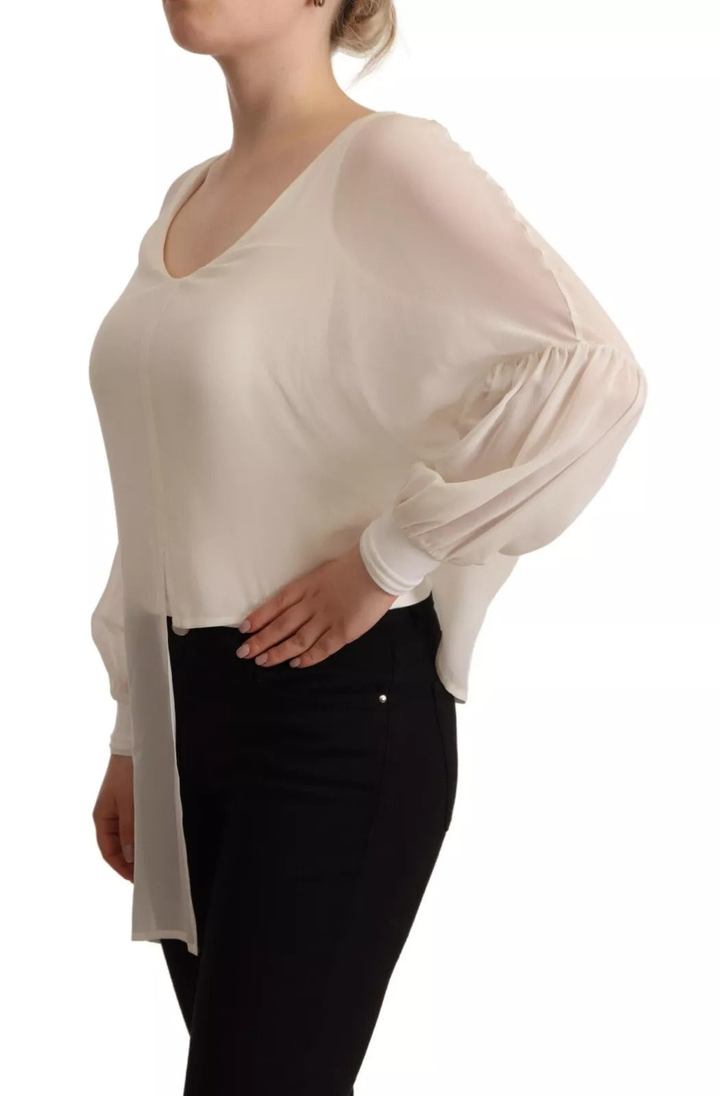 Patrizia Pepe Off White Silk Long Sleeves Deep Vneck Women's Top (Pre-Owned)