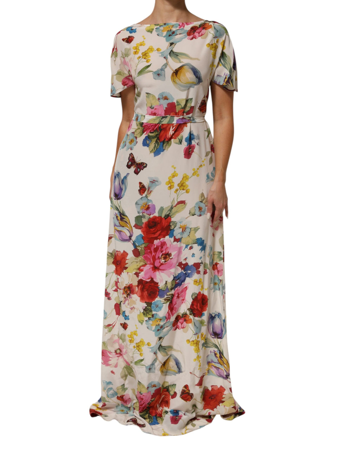 Dolce & Gabbana White Floral Print Silk Sheath LongGown Women's Dress