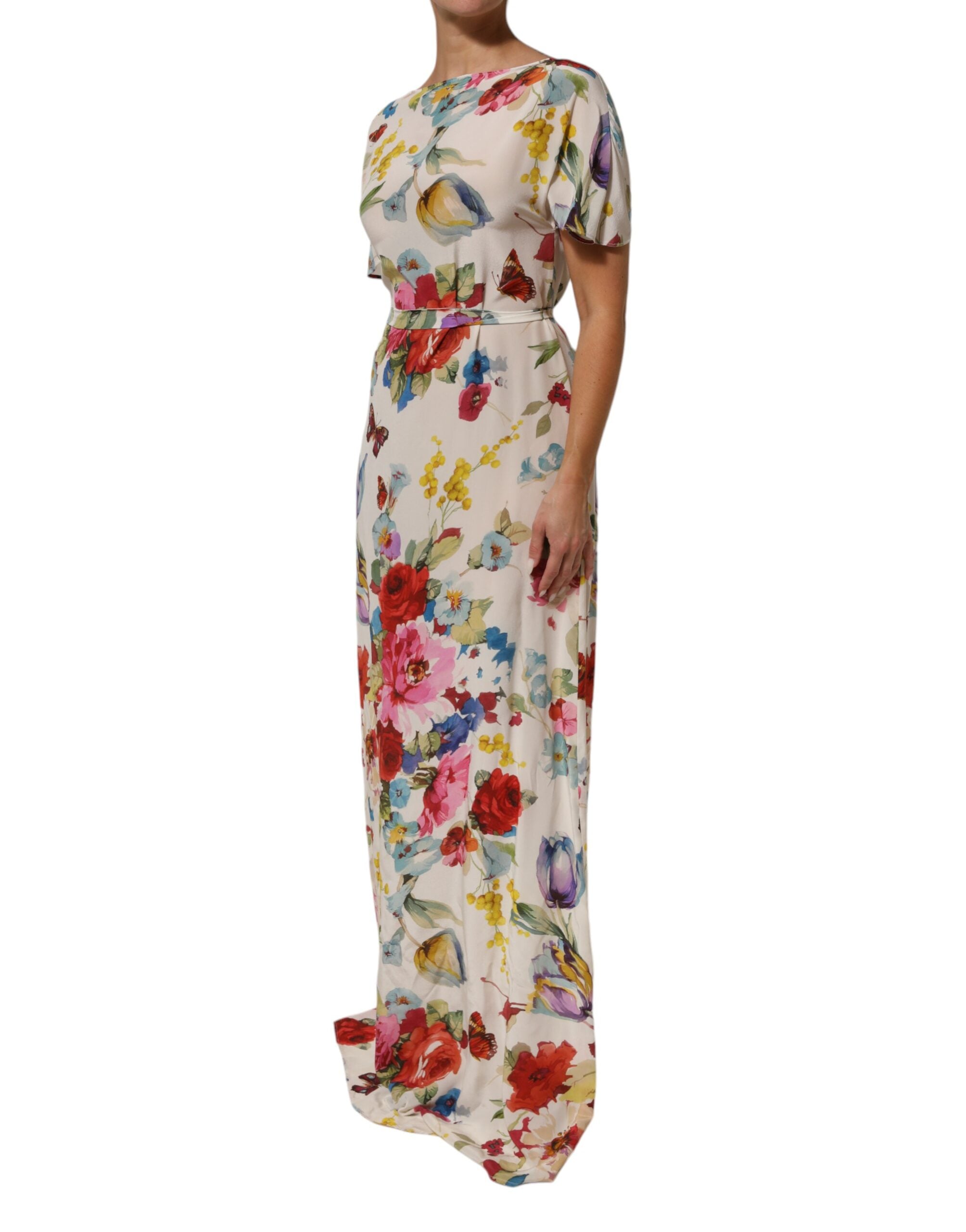 Dolce & Gabbana White Floral Print Silk Sheath LongGown Women's Dress