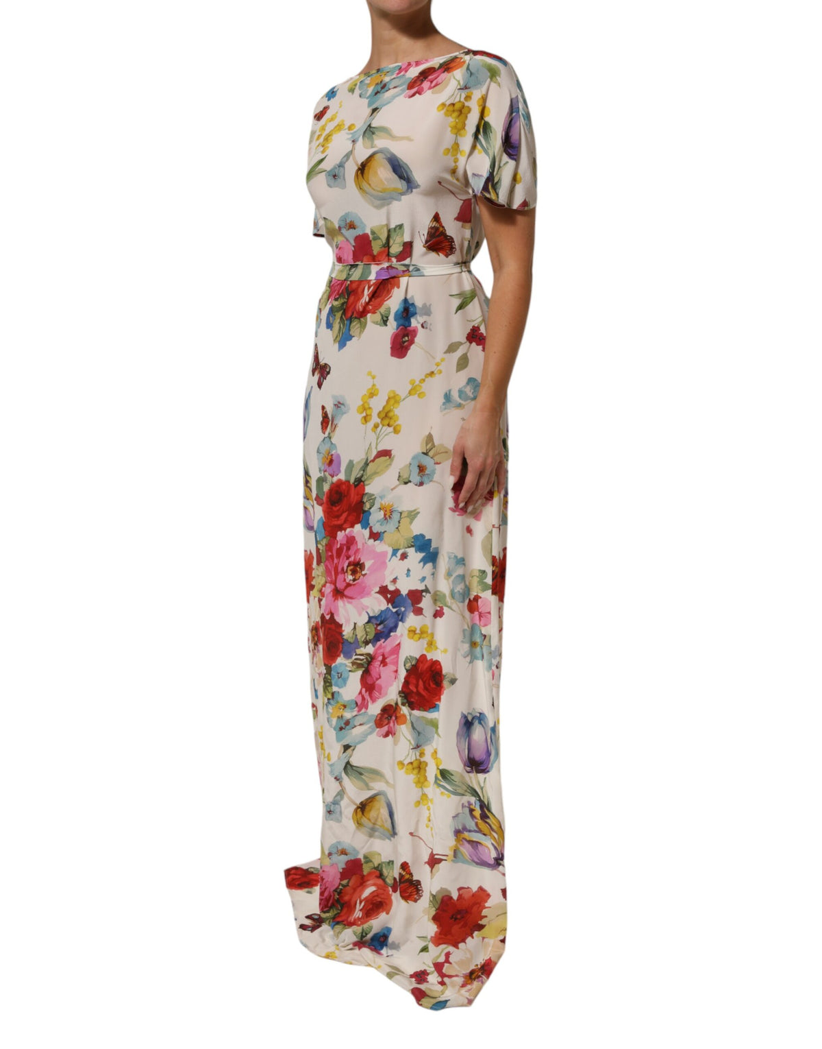 Dolce & Gabbana White Floral Print Silk Sheath LongGown Women's Dress