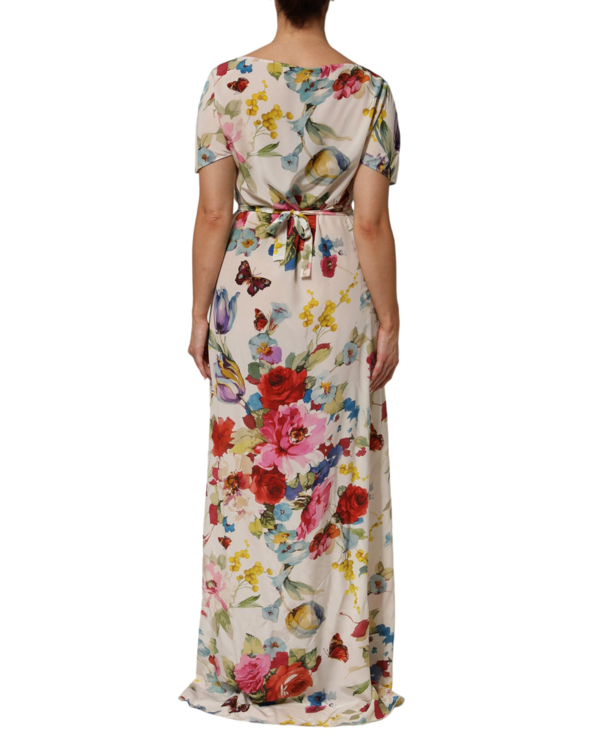 Dolce & Gabbana White Floral Print Silk Sheath LongGown Women's Dress
