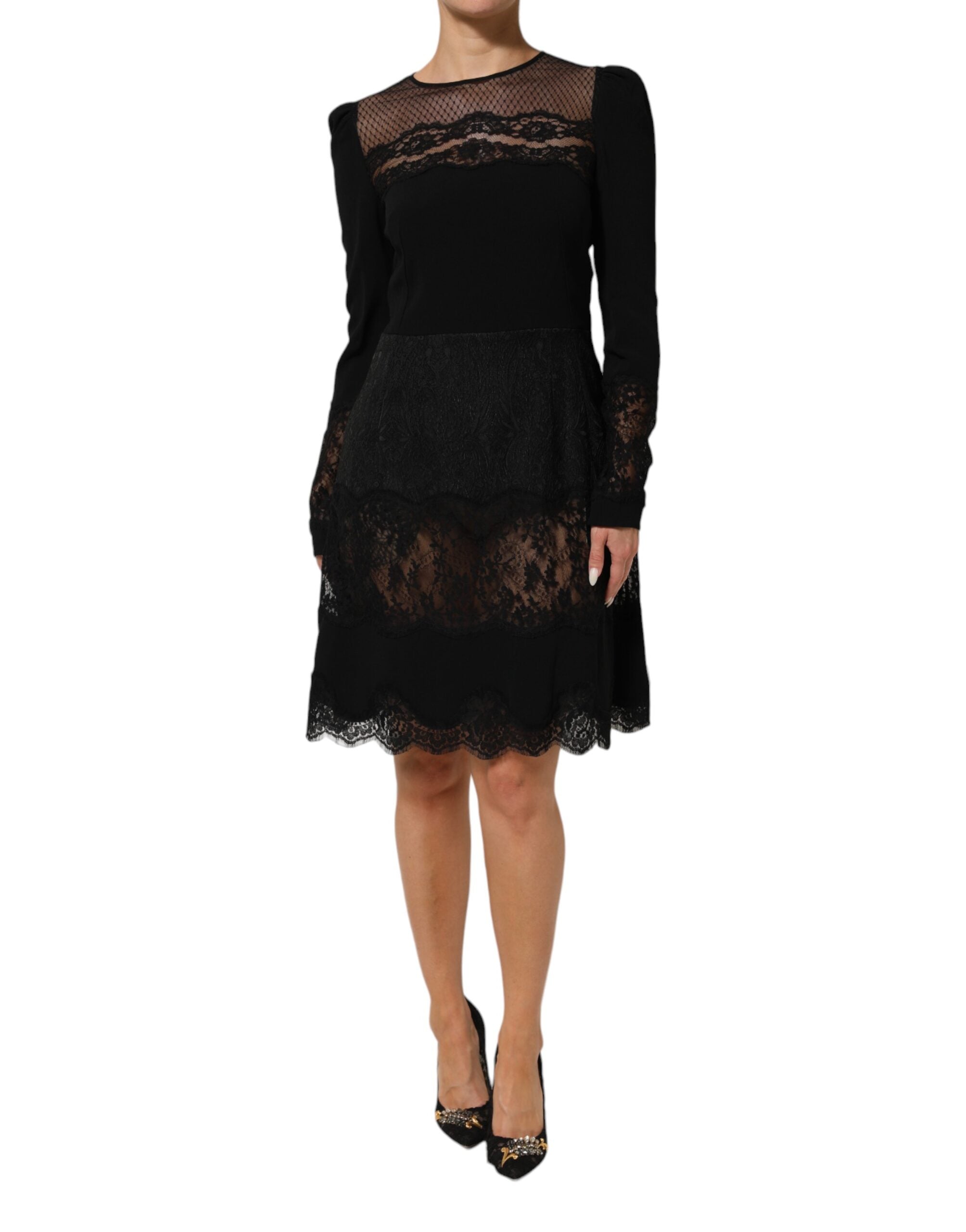Dolce & Gabbana Black Floral Lace Trim Sheath A-line Women's Dress