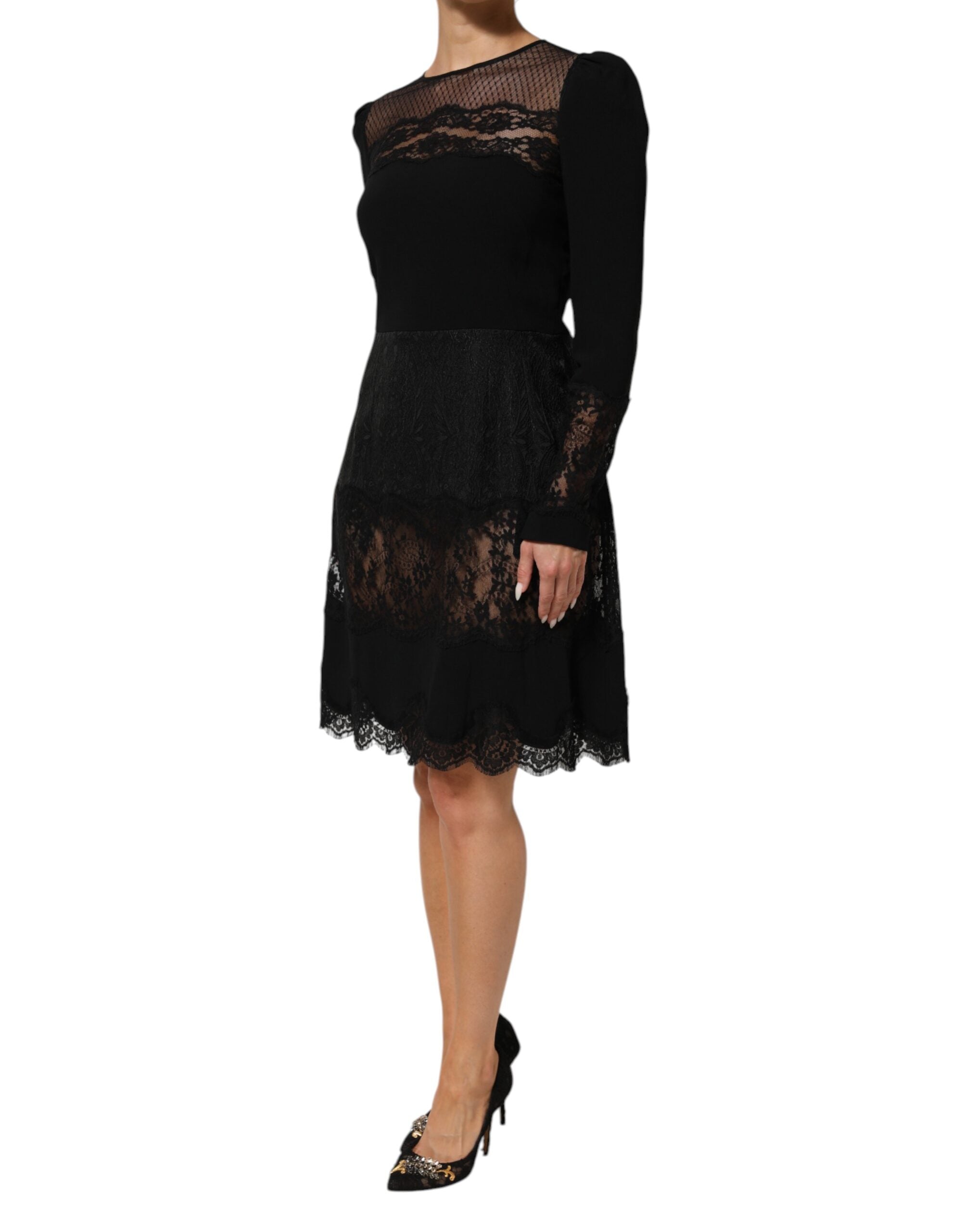 Dolce & Gabbana Black Floral Lace Trim Sheath A-line Women's Dress