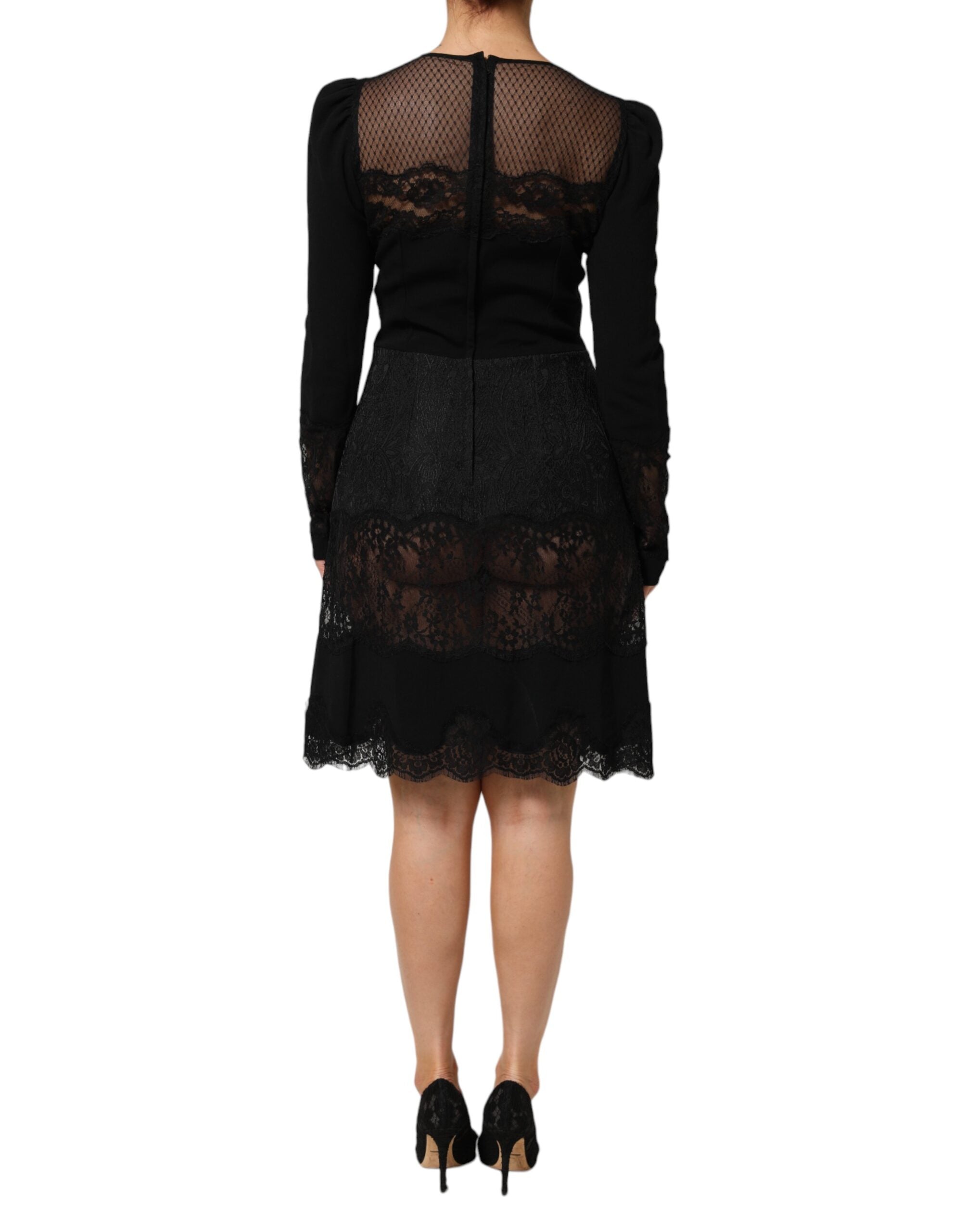 Dolce & Gabbana Black Floral Lace Trim Sheath A-line Women's Dress