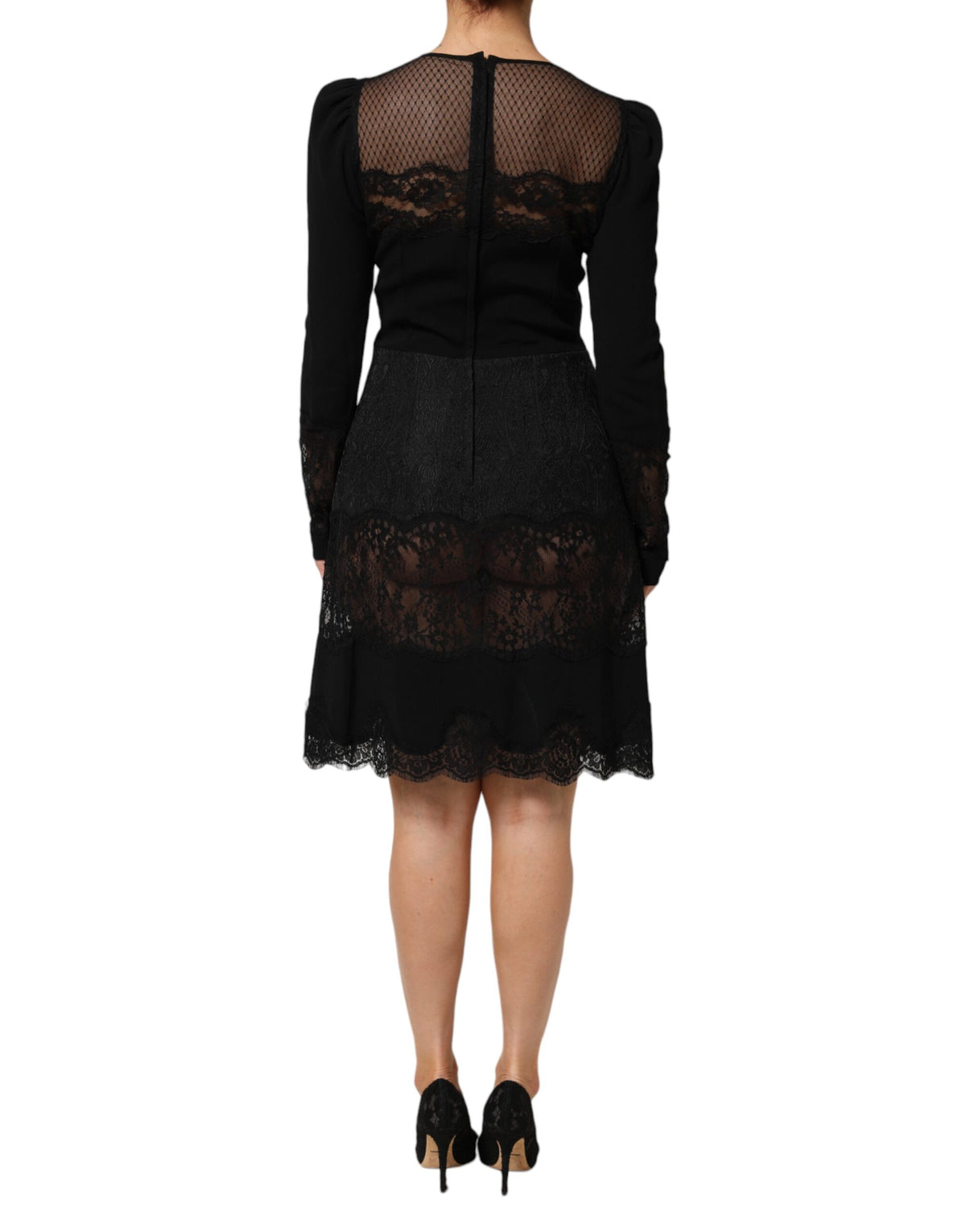 Dolce & Gabbana Black Floral Lace Trim Sheath A-line Women's Dress