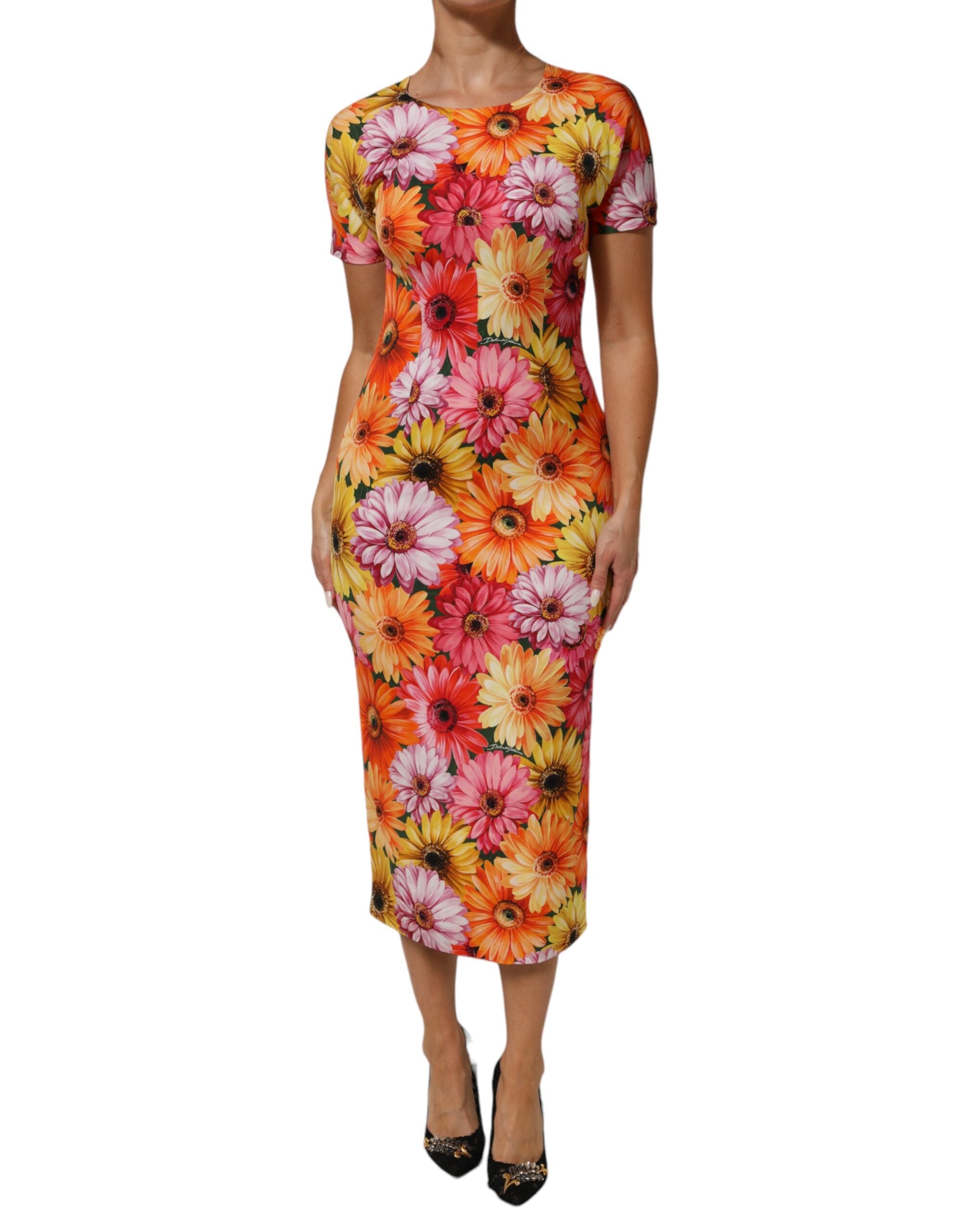 Dolce & Gabbana Multicolor Floral Print SilkSheath Midi Women's Dress
