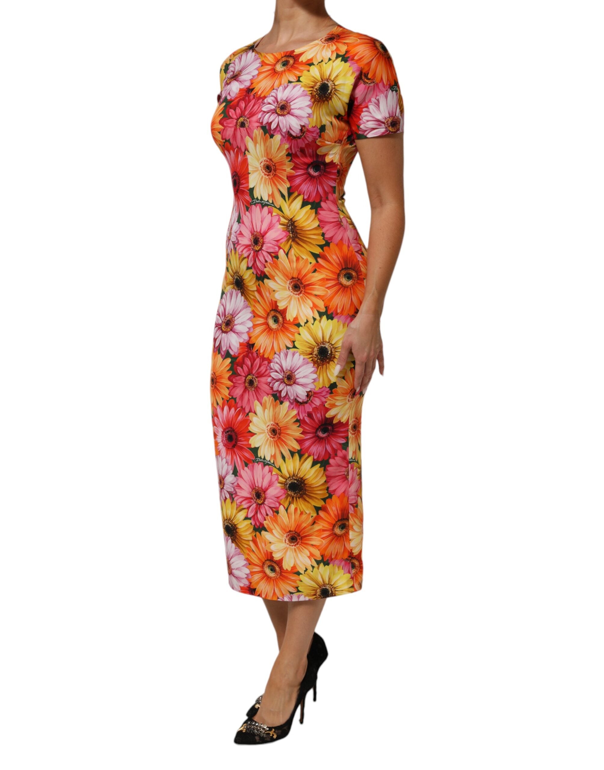 Dolce & Gabbana Multicolor Floral Print SilkSheath Midi Women's Dress