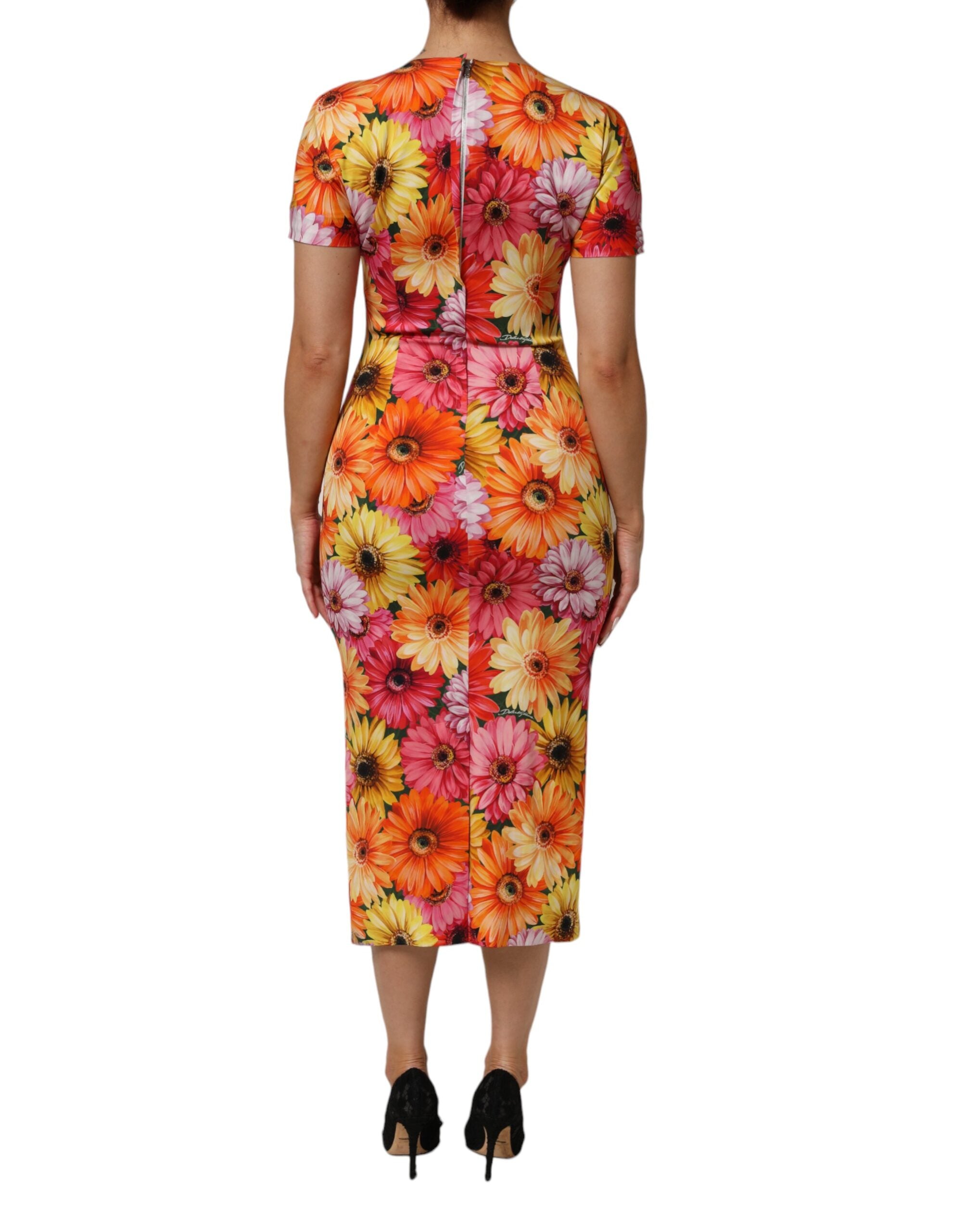 Dolce & Gabbana Multicolor Floral Print SilkSheath Midi Women's Dress