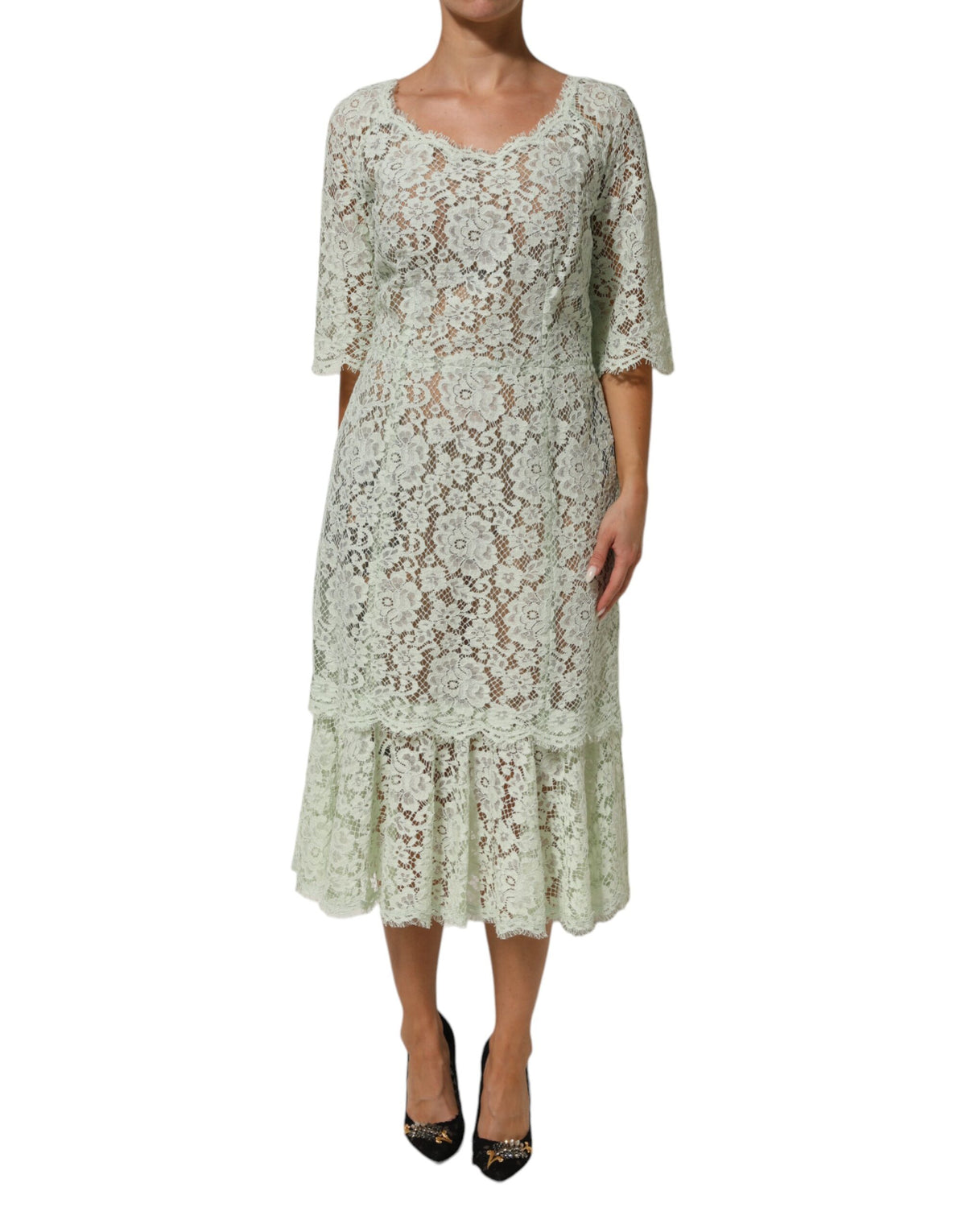Dolce & Gabbana Mint Green Floral Lace Trim Midi Women's Dress