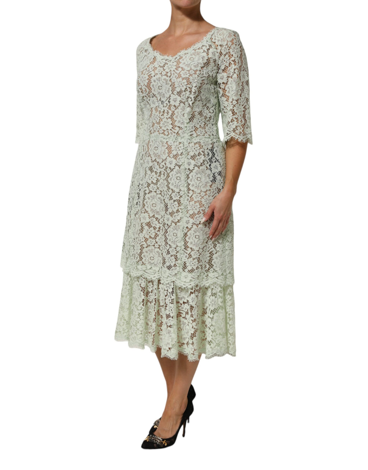 Dolce & Gabbana Mint Green Floral Lace Trim Midi Women's Dress
