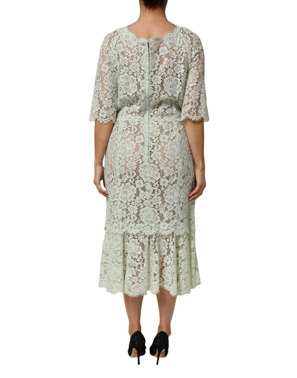 Dolce & Gabbana Mint Green Floral Lace Trim Midi Women's Dress