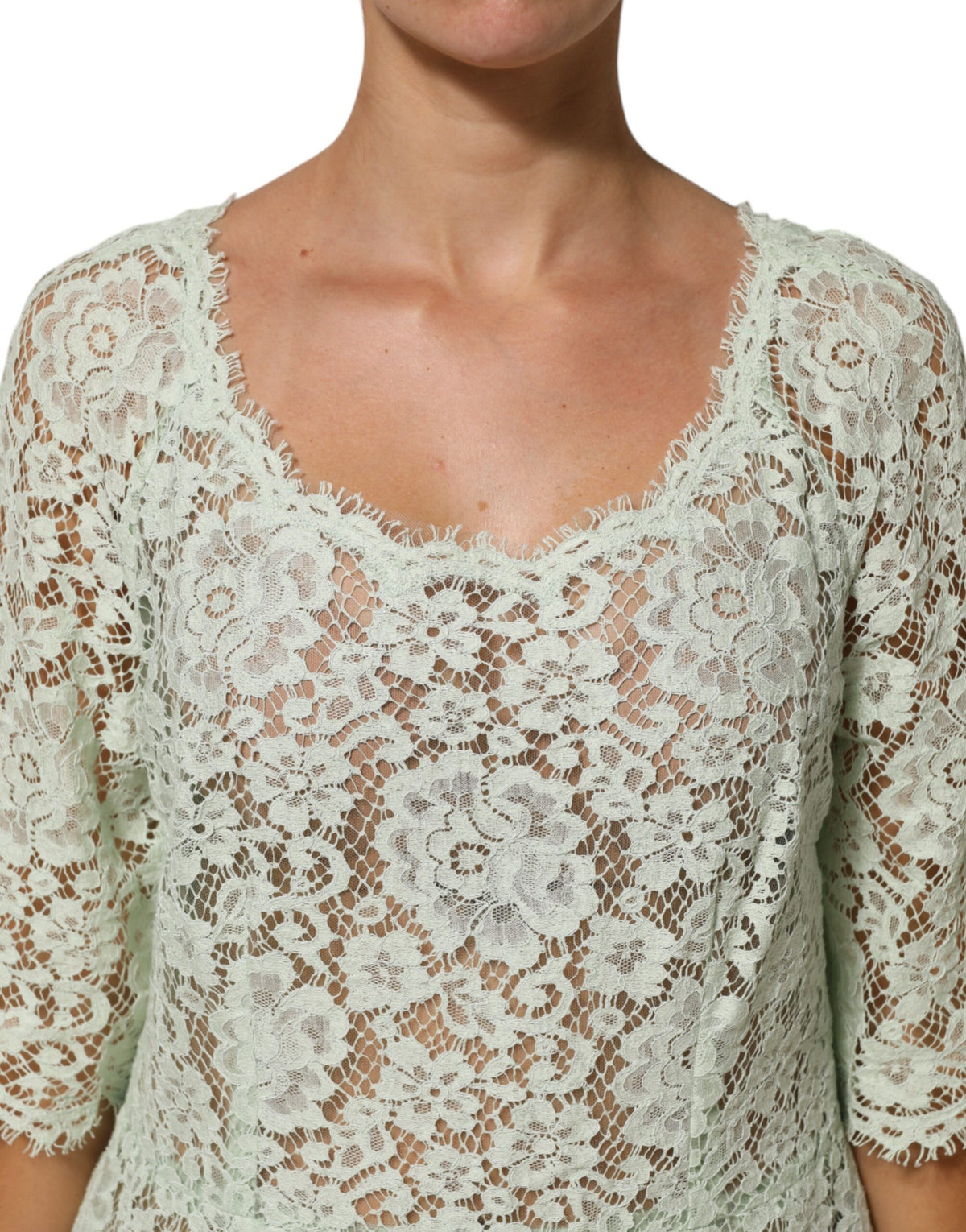 Dolce & Gabbana Mint Green Floral Lace Trim Midi Women's Dress