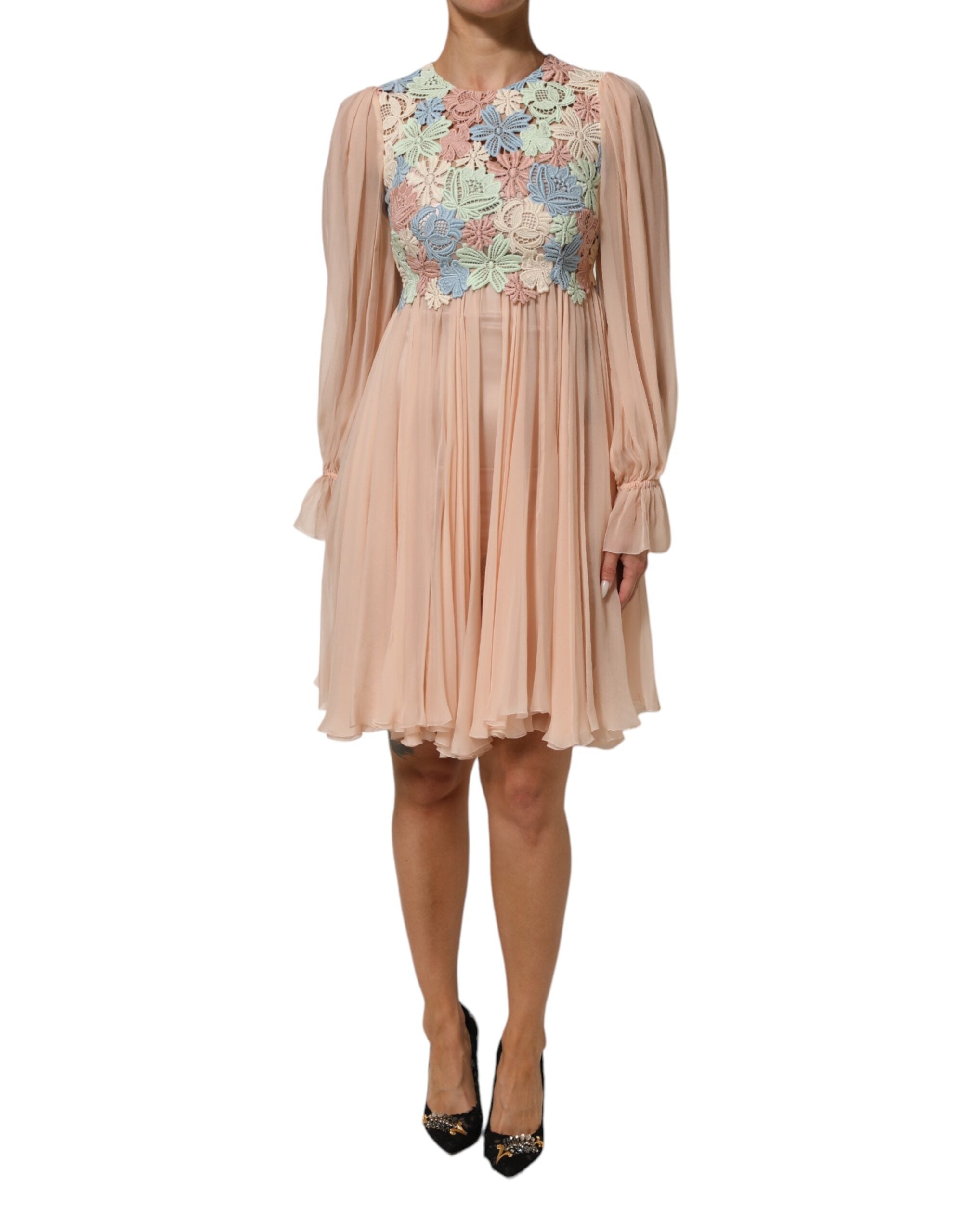 Dolce & Gabbana Pink Floral Embroidery Pleated A-line Women's Dress