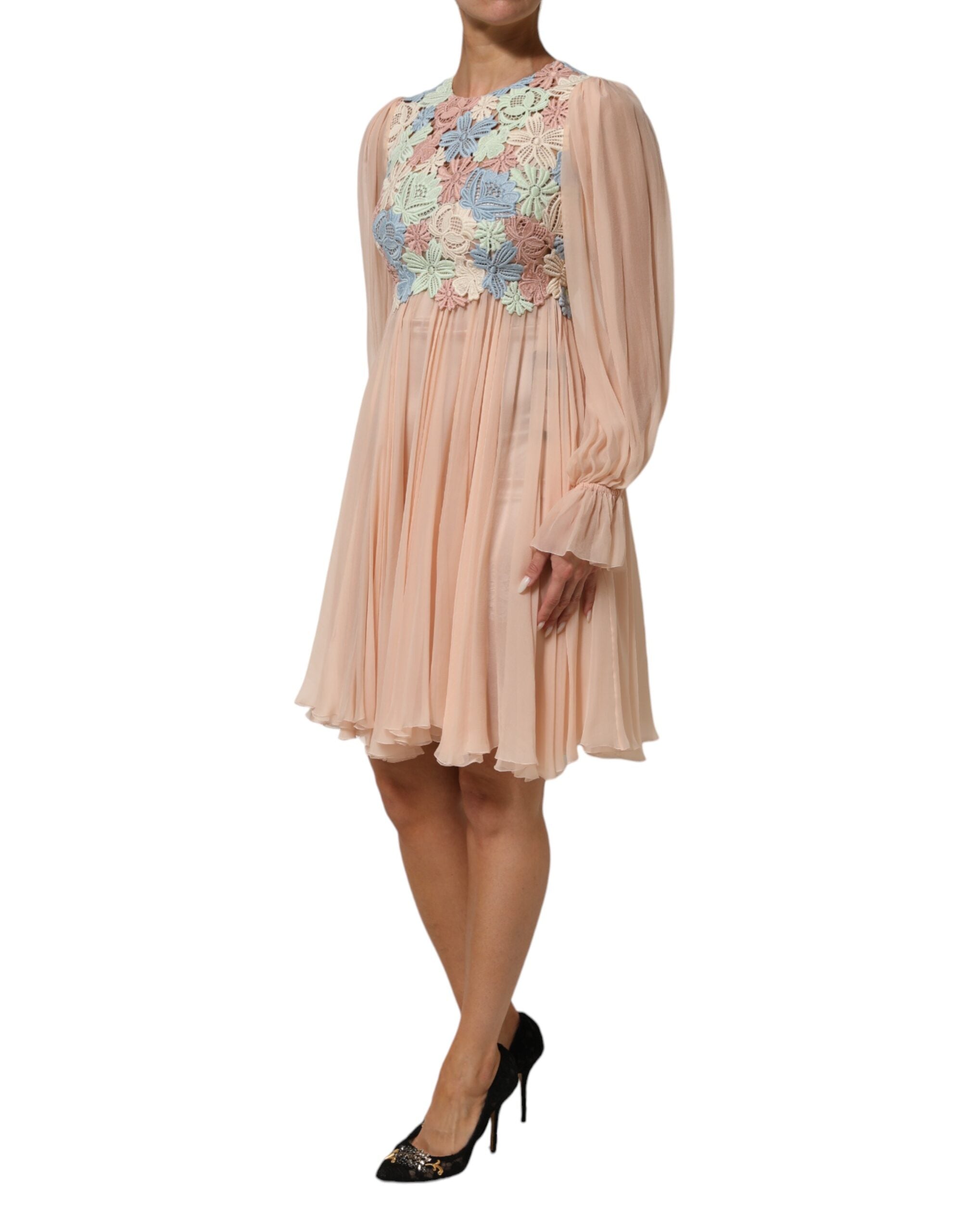 Dolce & Gabbana Pink Floral Embroidery Pleated A-line Women's Dress