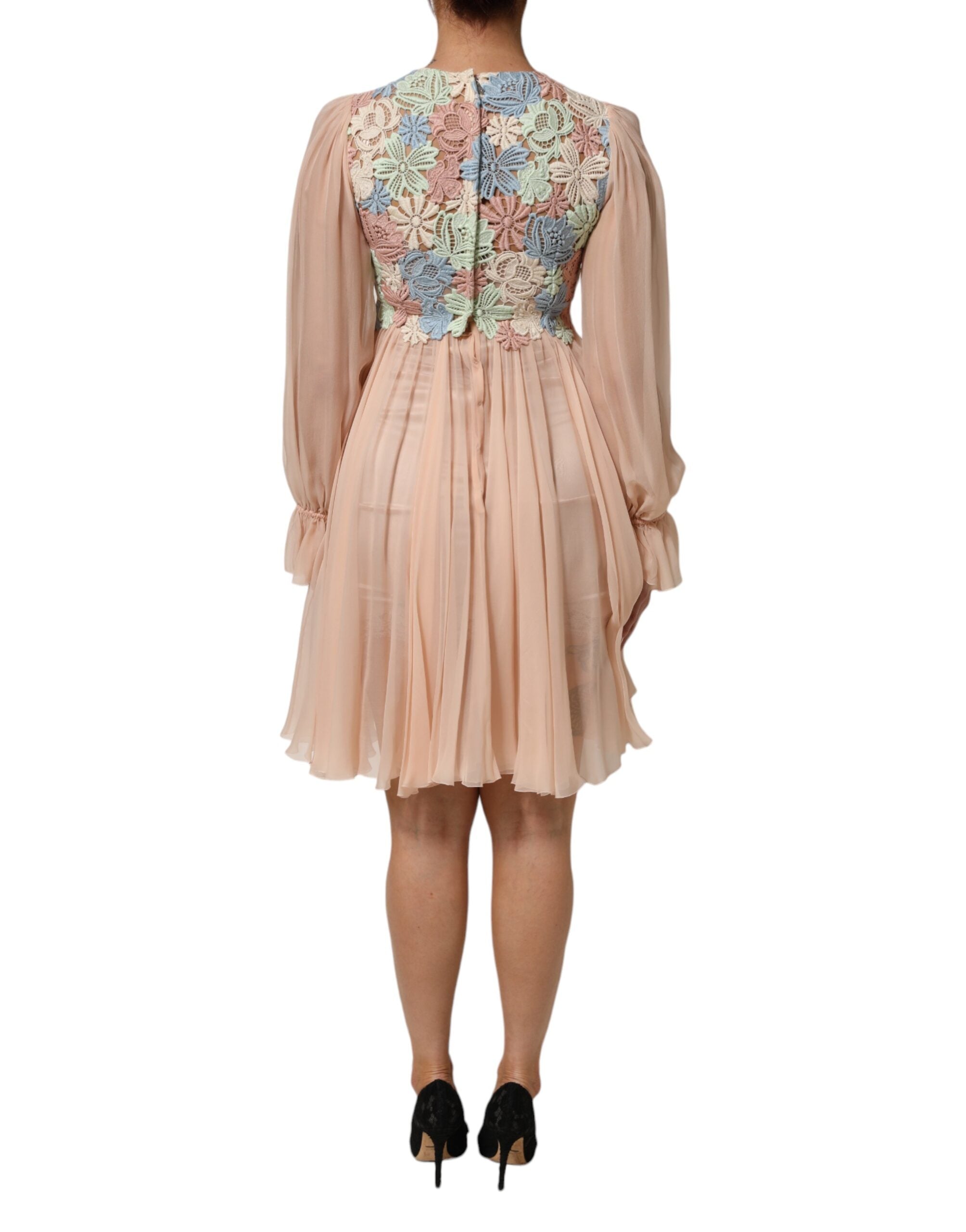 Dolce & Gabbana Pink Floral Embroidery Pleated A-line Women's Dress