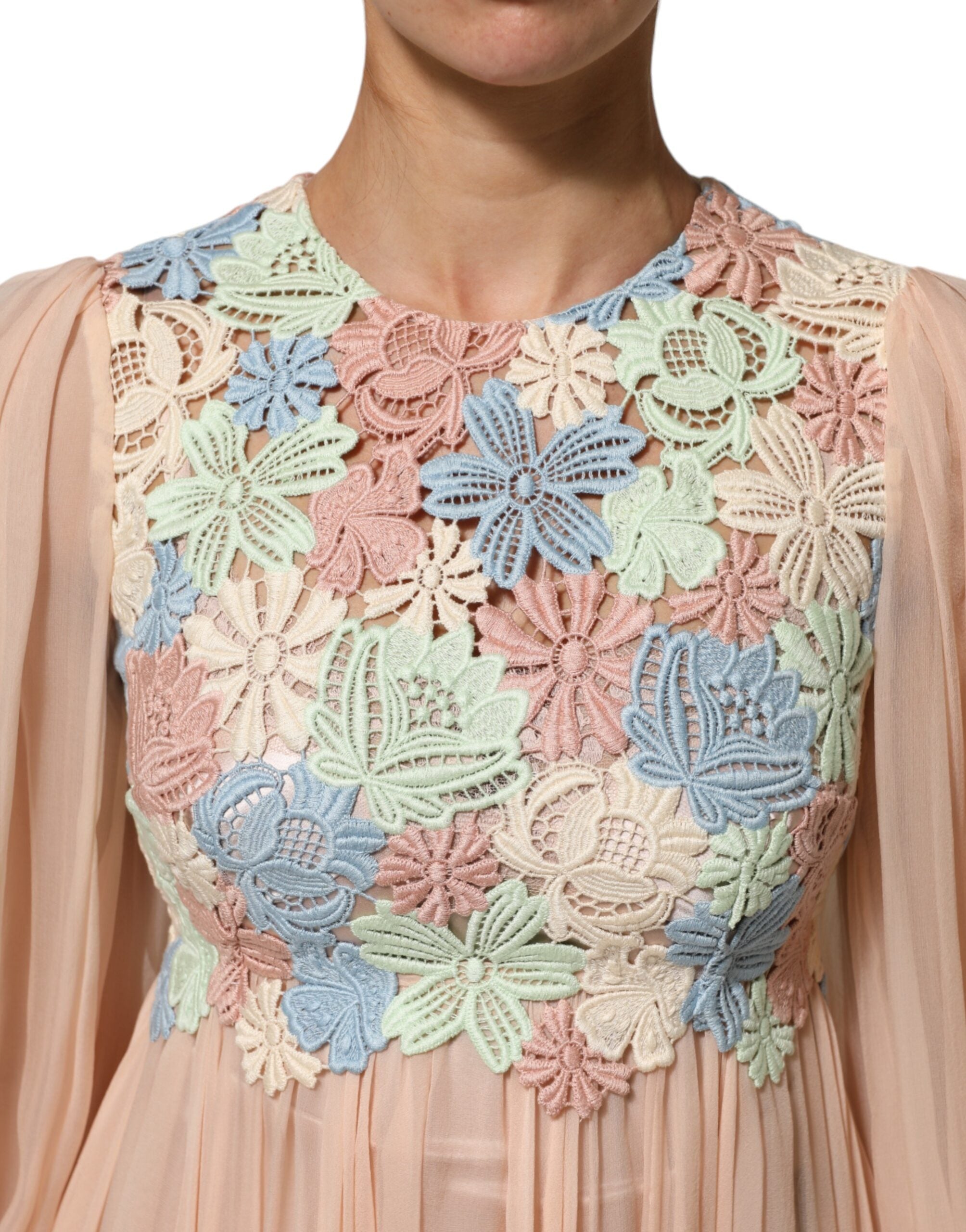 Dolce & Gabbana Pink Floral Embroidery Pleated A-line Women's Dress