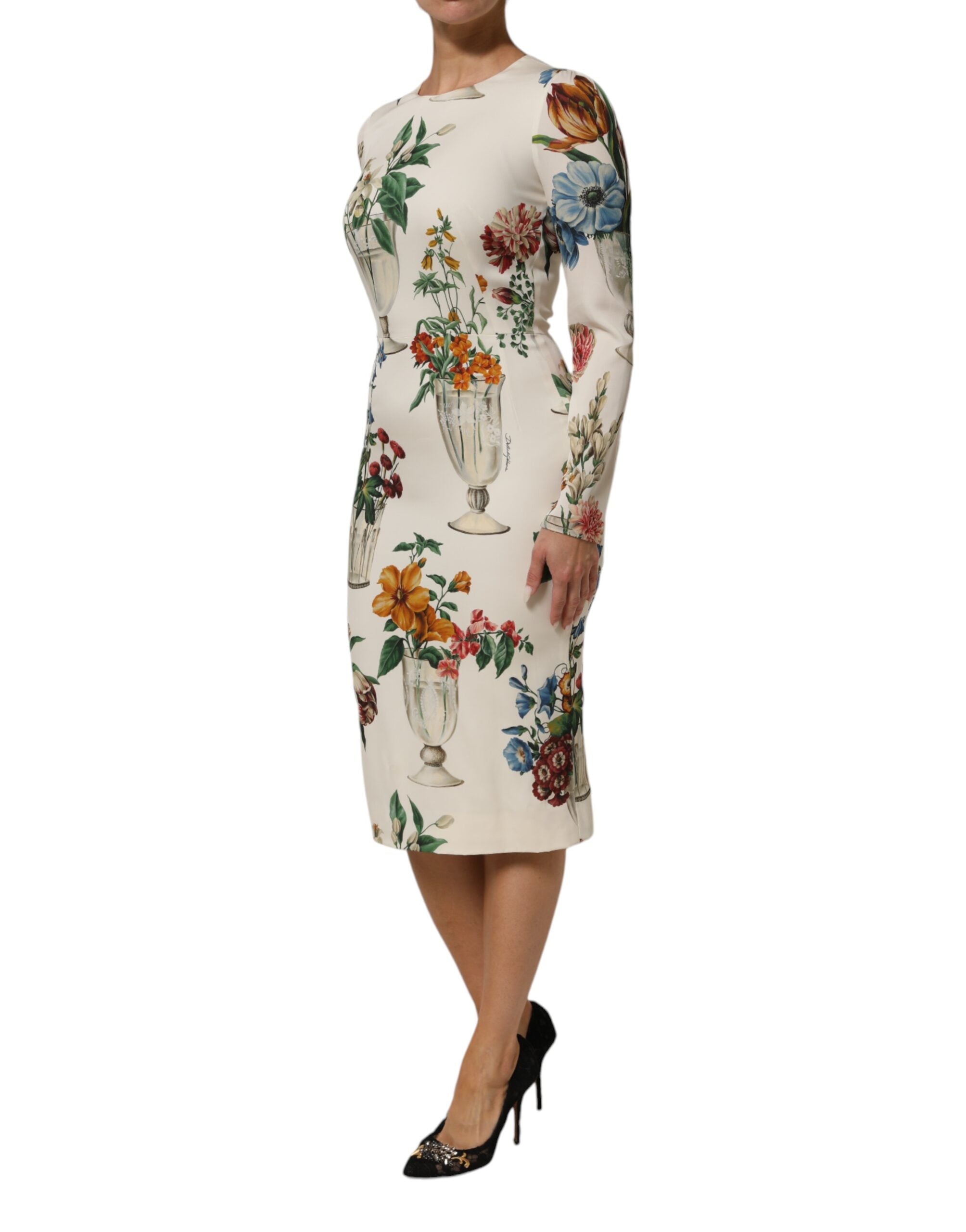 Dolce & Gabbana White Flower Vase Silk Sheath Midi Women's Dress (Pre-Owned)