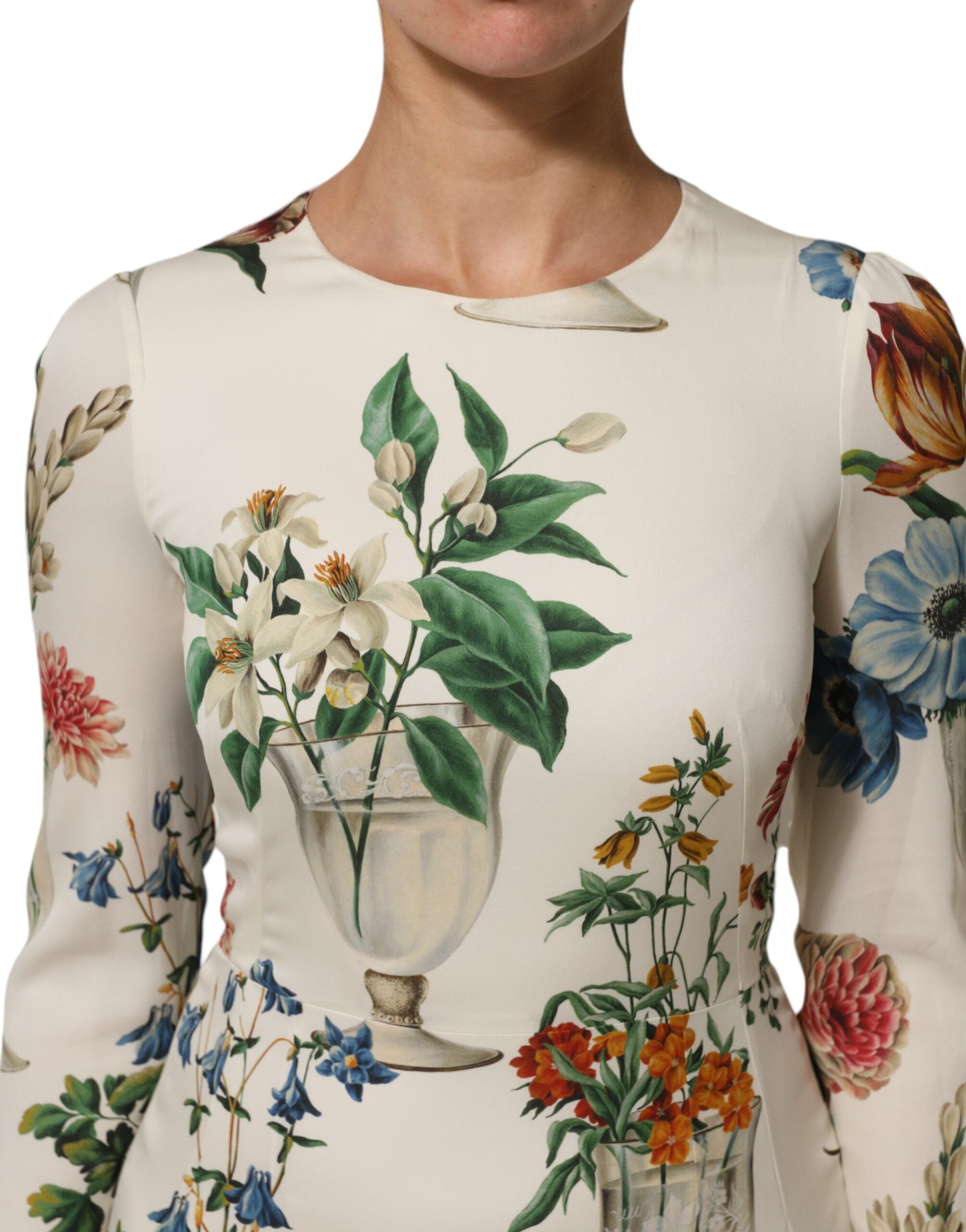 Dolce & Gabbana White Flower Vase Silk Sheath Midi Women's Dress (Pre-Owned)