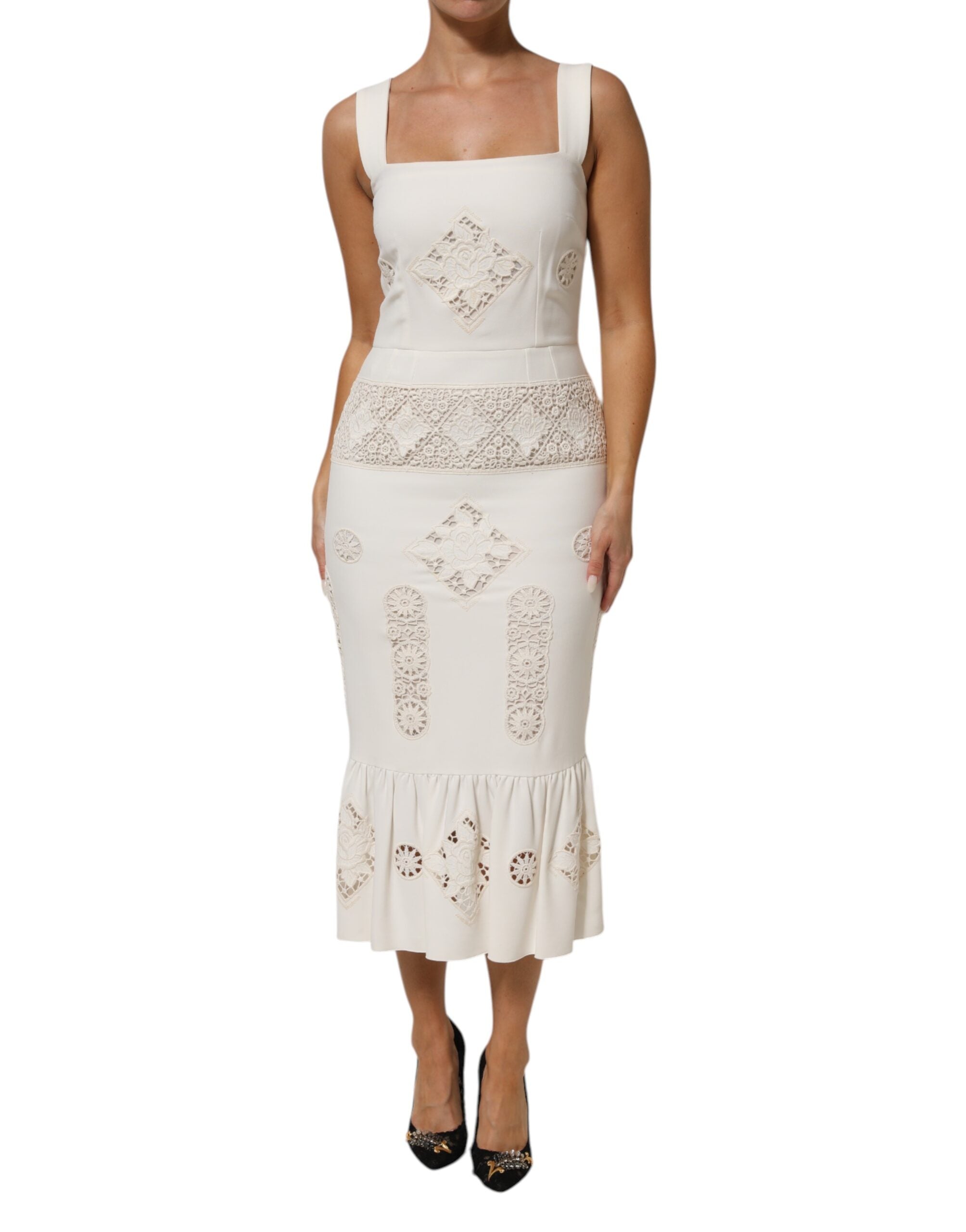 Dolce & Gabbana White Floral Lace Sleeveless Midi Women's Dress (Pre-Owned)