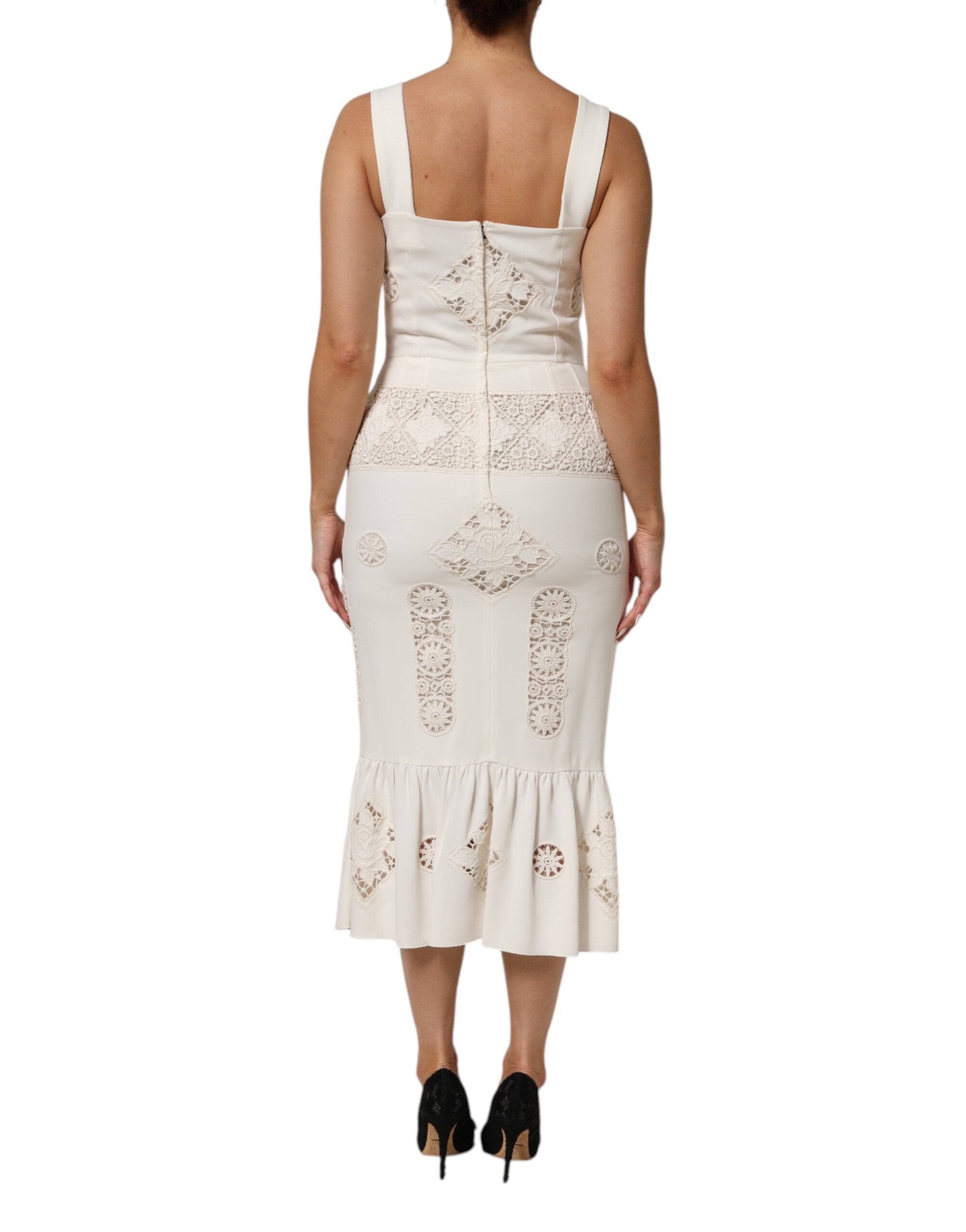 Dolce & Gabbana White Floral Lace Sleeveless Midi Women's Dress (Pre-Owned)