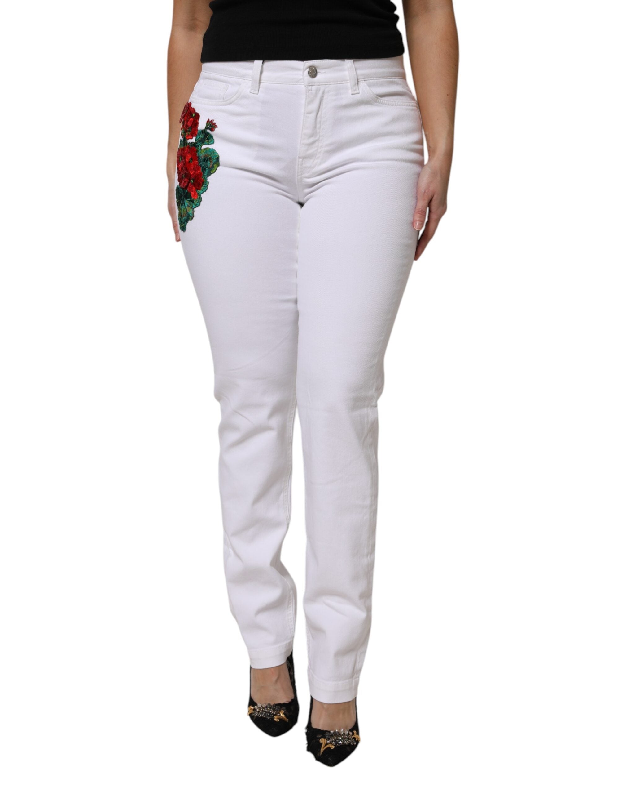 Dolce & Gabbana White GIRLY Floral Embroidery Denim Women's Jeans (Pre-Owned)
