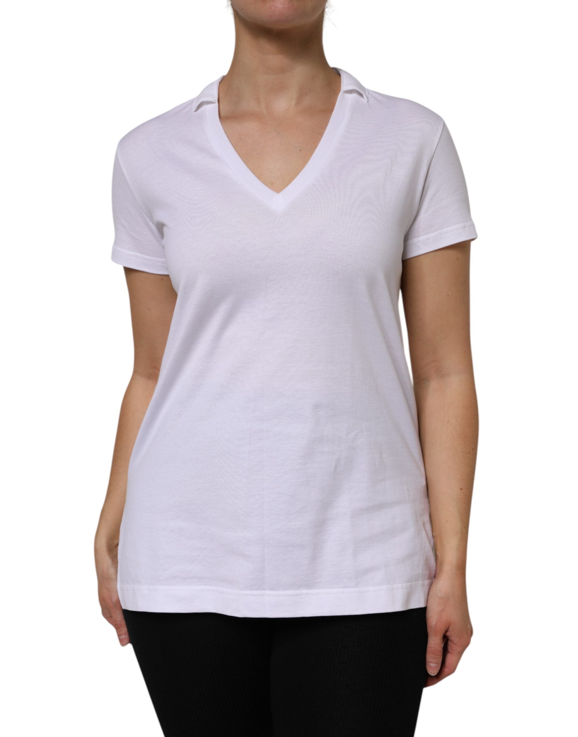 Dolce & Gabbana White Cotton Short Sleeve V-Neck Top Women's T-shirt (Pre-Owned)