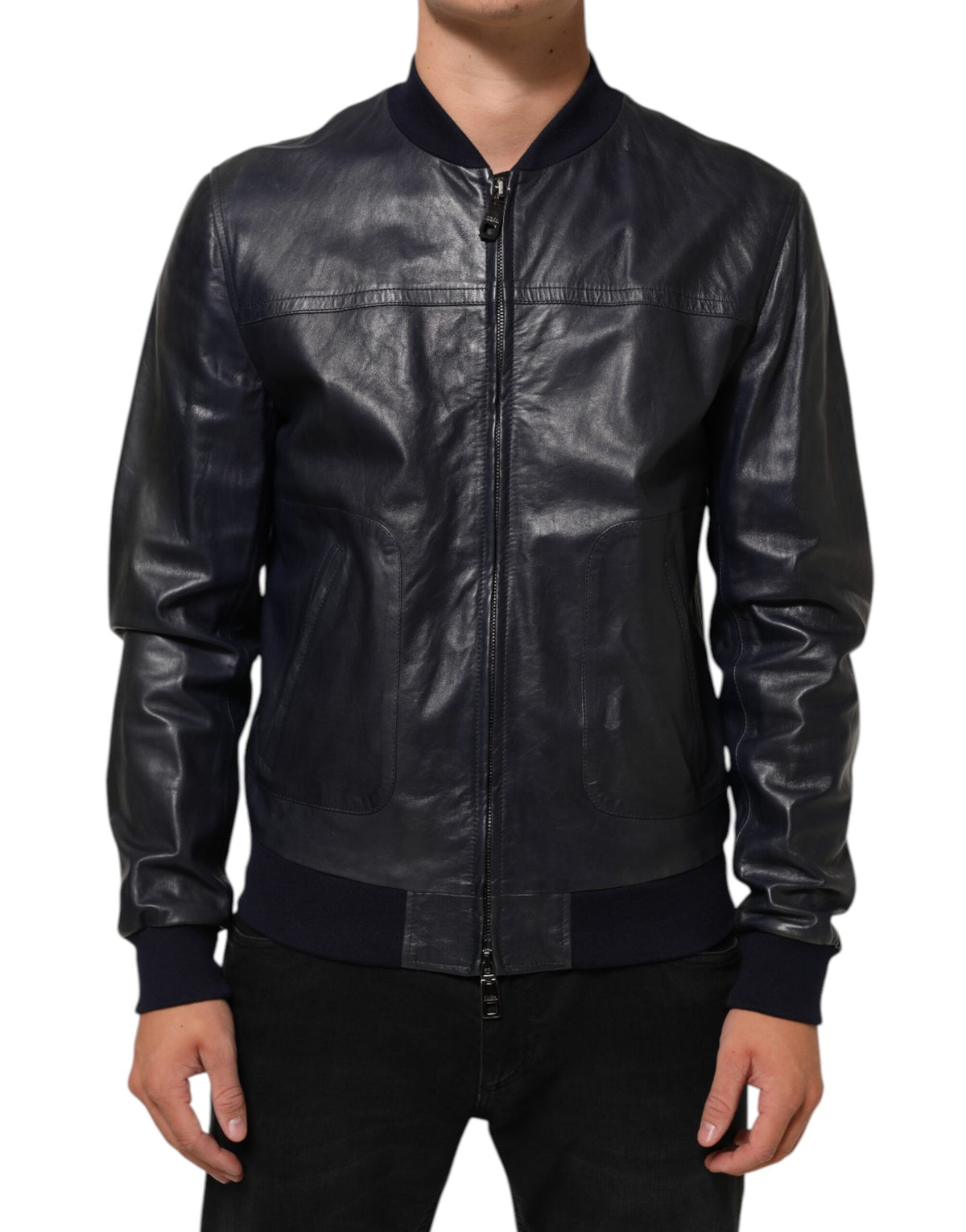 Dolce & Gabbana Blue Leather Full Zip Biker Blouson Men's Jacket (Pre-Owned)