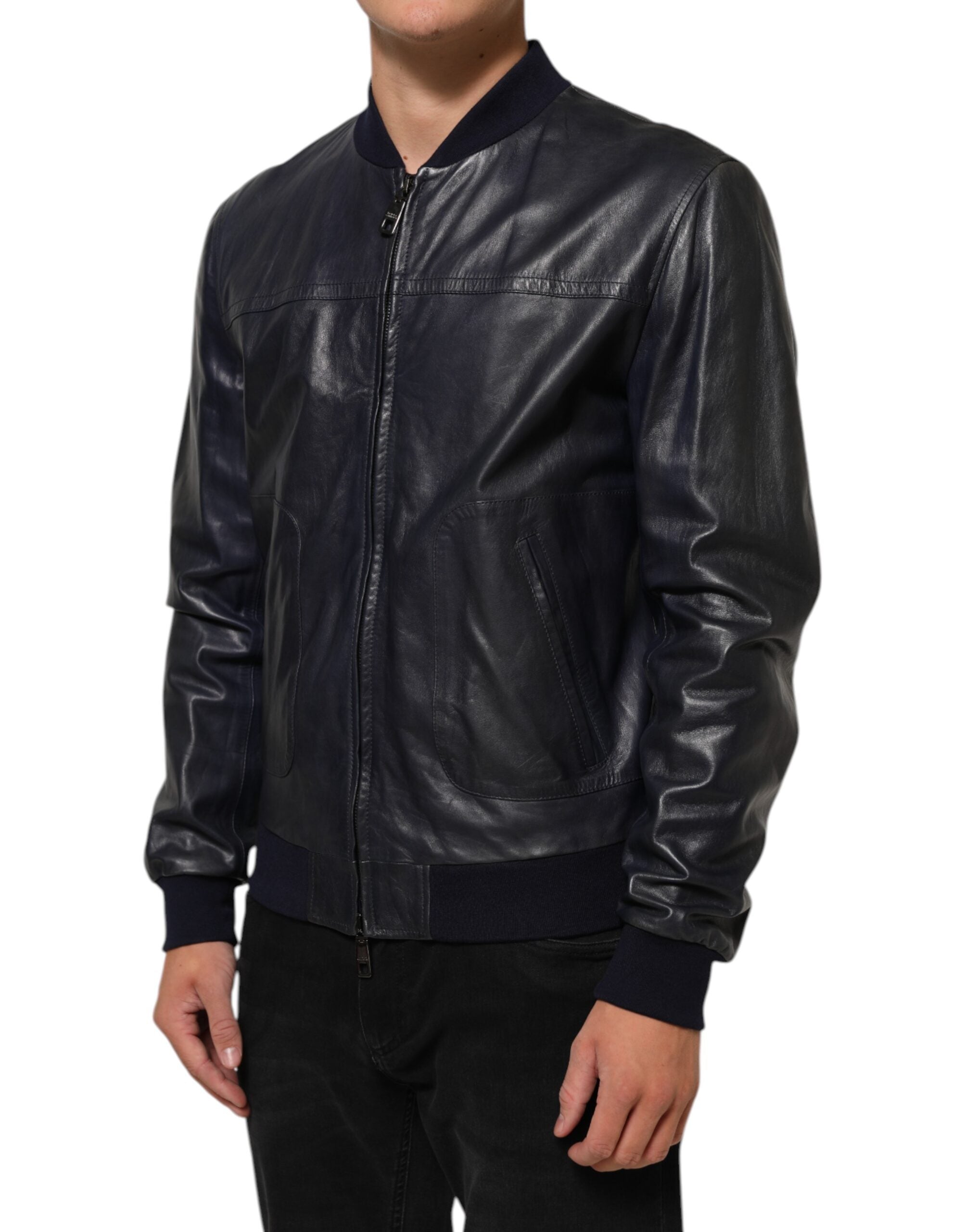 Dolce & Gabbana Blue Leather Full Zip Biker Blouson Men's Jacket (Pre-Owned)
