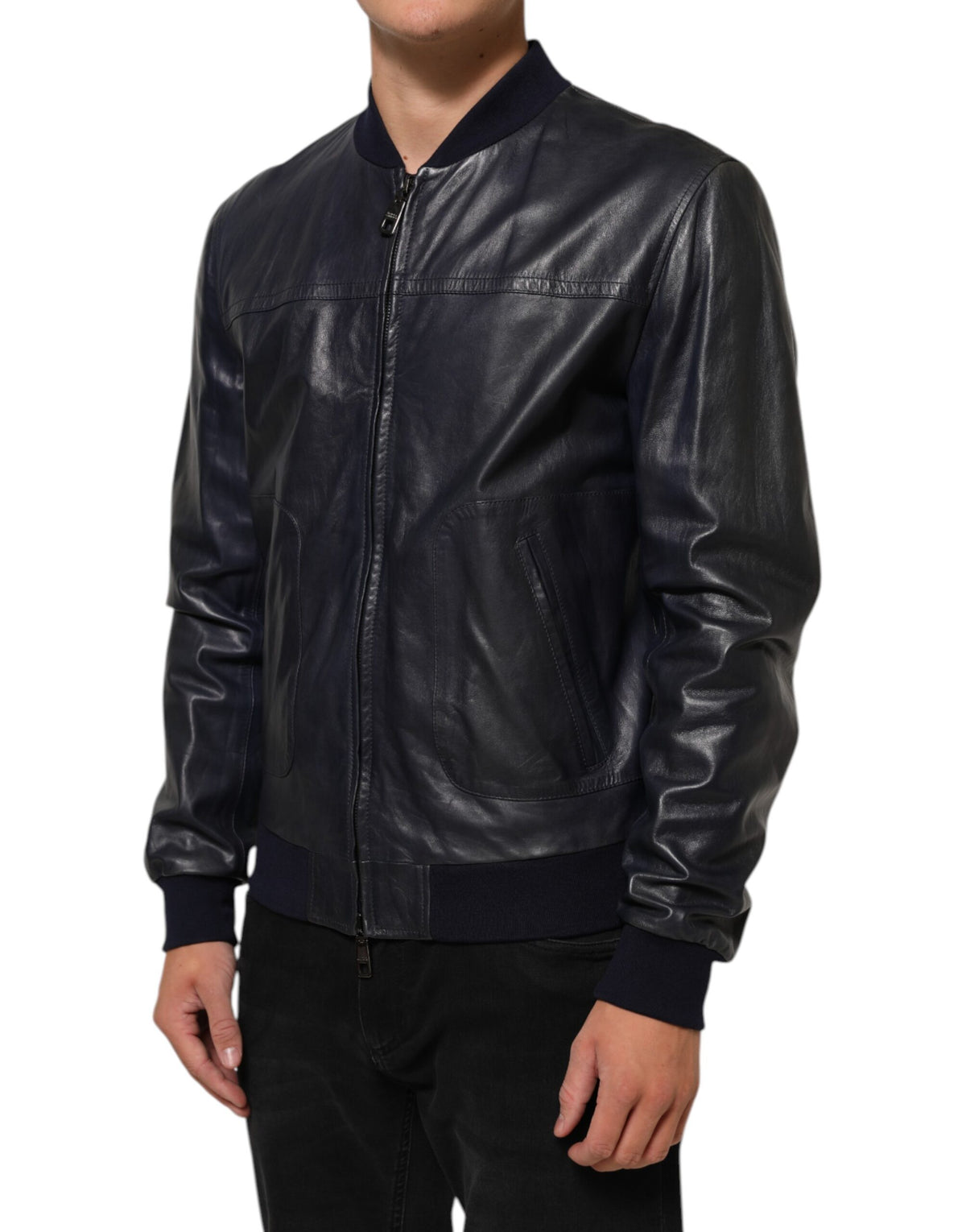 Dolce & Gabbana Blue Leather Full Zip Biker Blouson Men's Jacket (Pre-Owned)