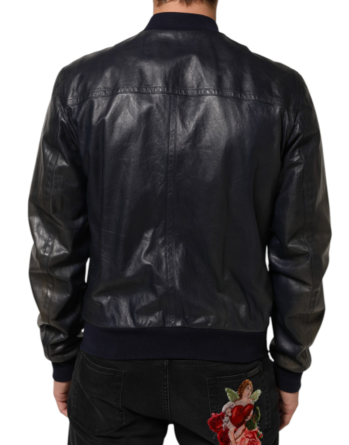 Dolce & Gabbana Blue Leather Full Zip Biker Blouson Men's Jacket (Pre-Owned)