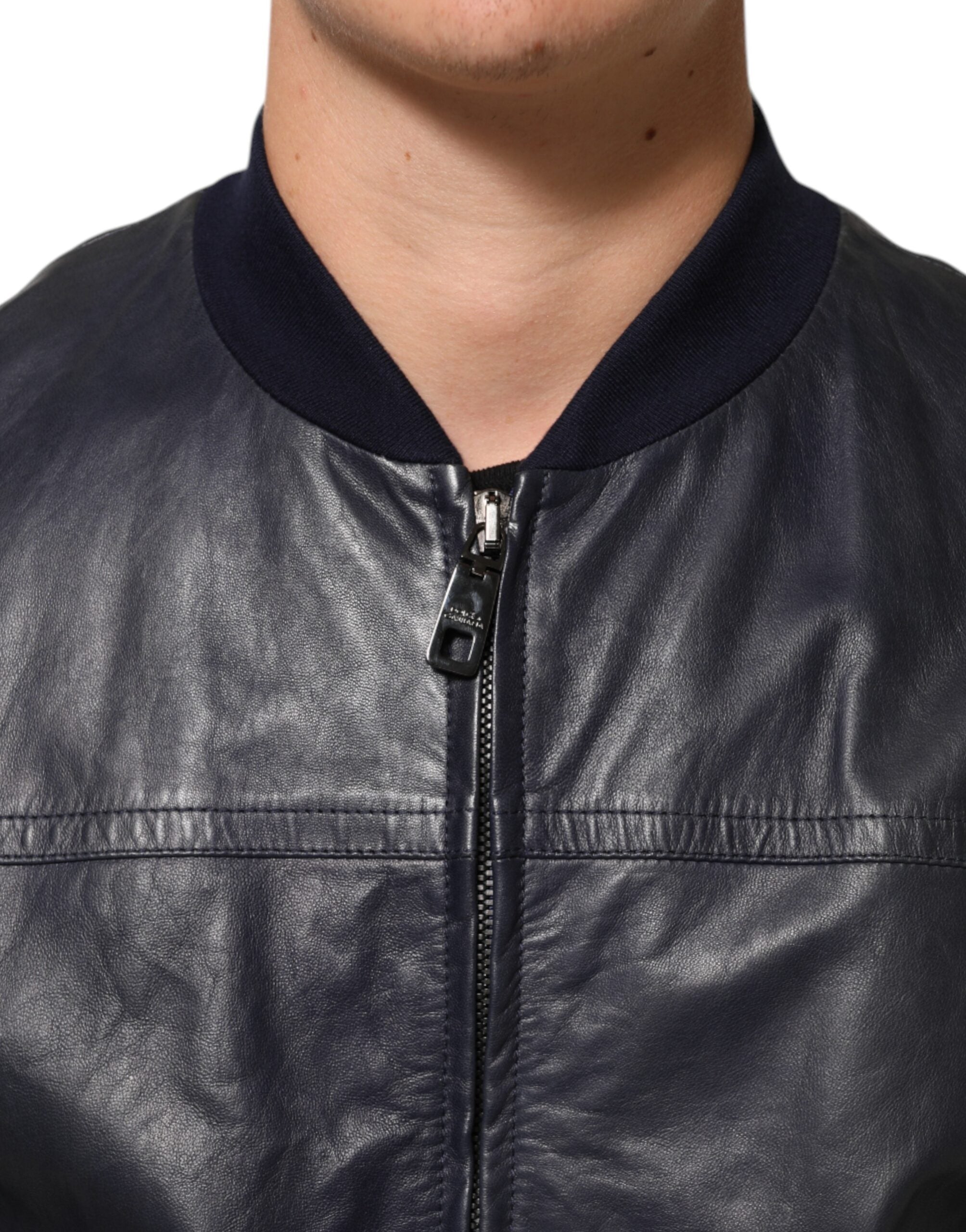 Dolce & Gabbana Blue Leather Full Zip Biker Blouson Men's Jacket (Pre-Owned)