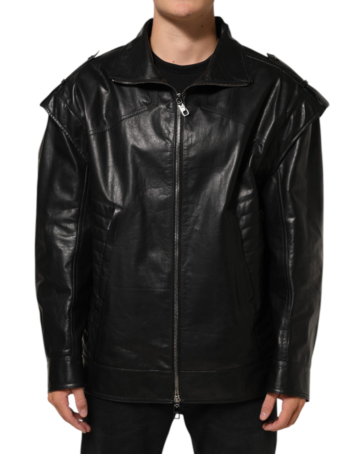 Dolce & Gabbana Black Leather Full Zip Biker Blouson Men's Jacket