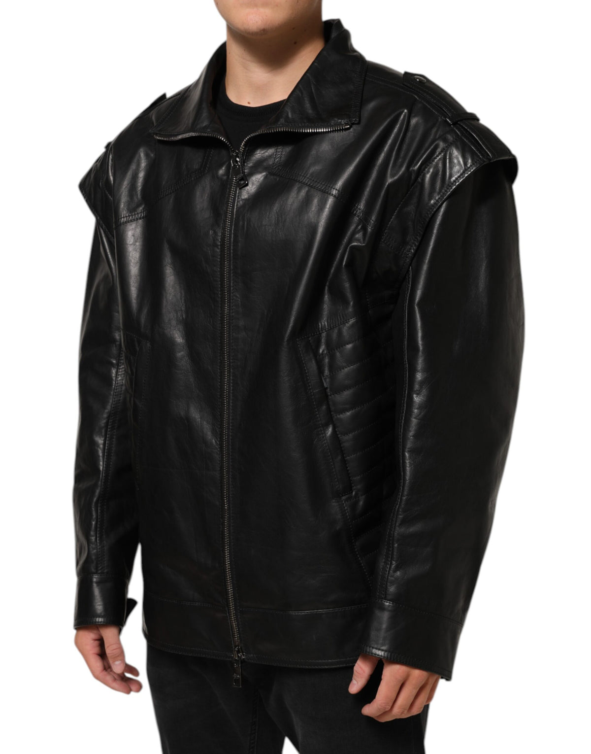 Dolce & Gabbana Black Leather Full Zip Biker Blouson Men's Jacket