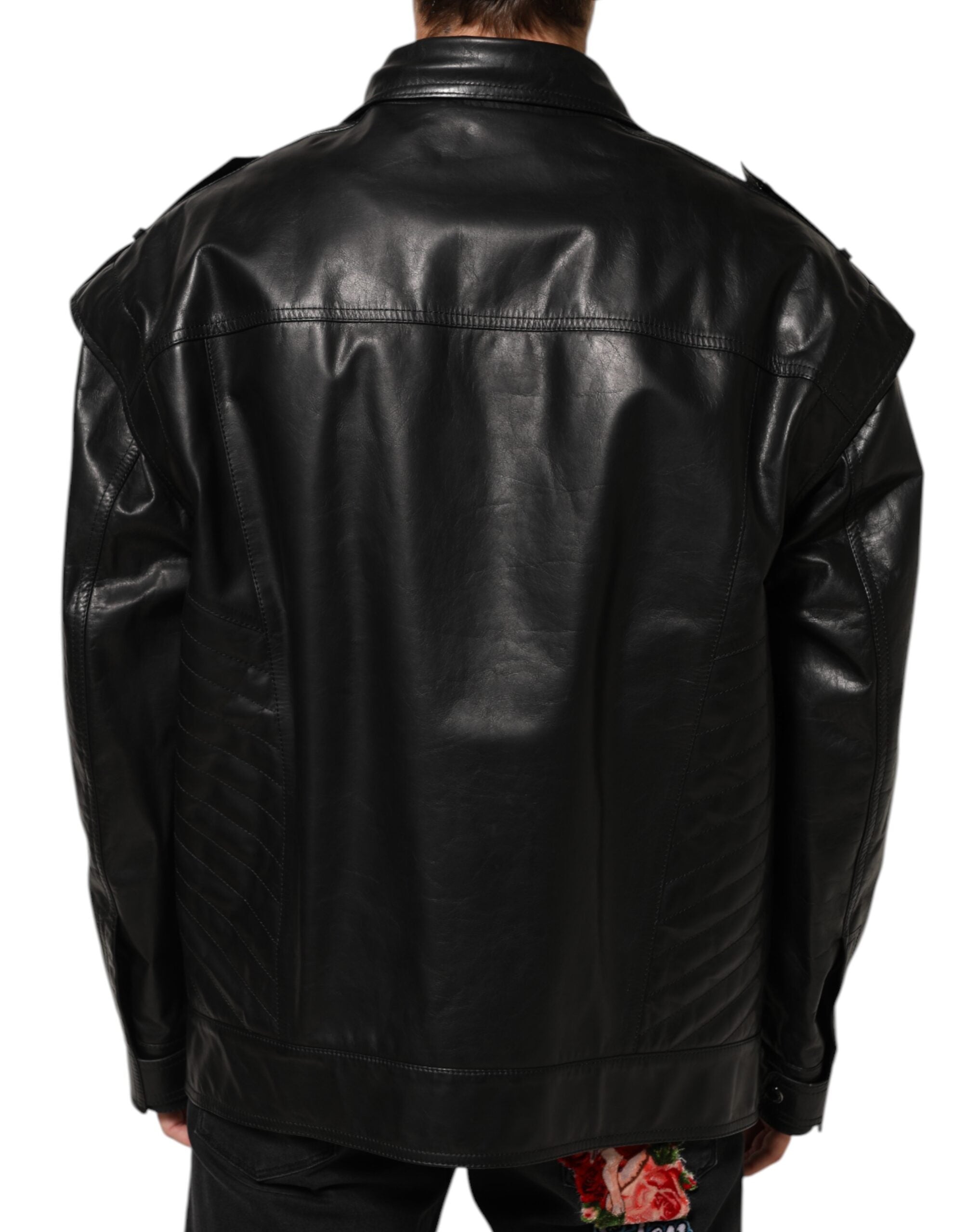 Dolce & Gabbana Black Leather Full Zip Biker Blouson Men's Jacket