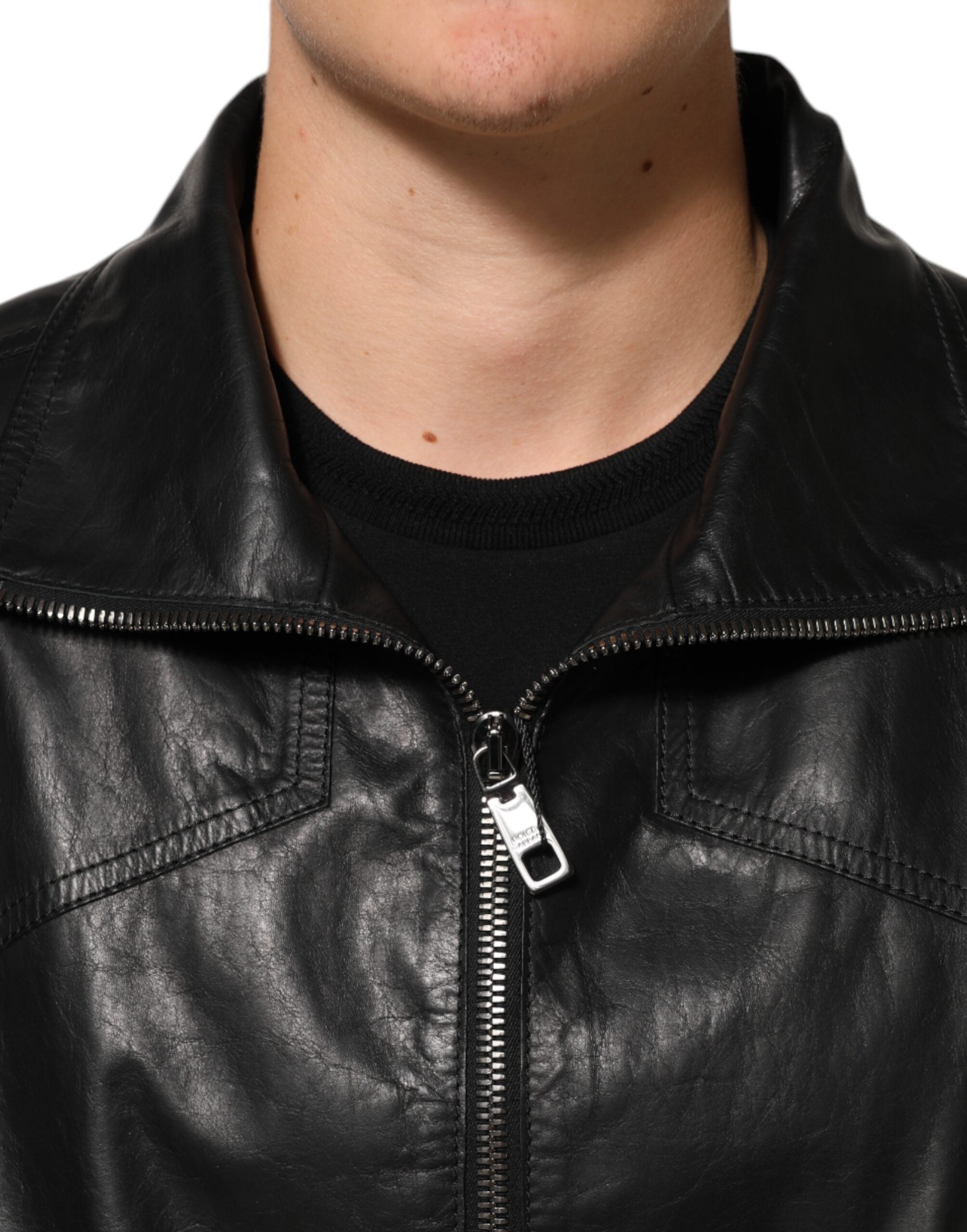 Dolce & Gabbana Black Leather Full Zip Biker Blouson Men's Jacket