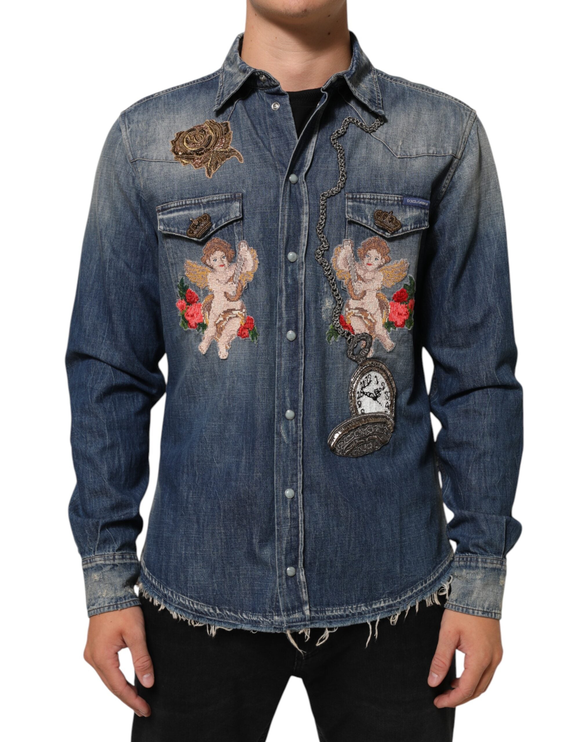 Dolce & Gabbana Blue Angel Patch Denim Buttoned Down Men Men's Shirt