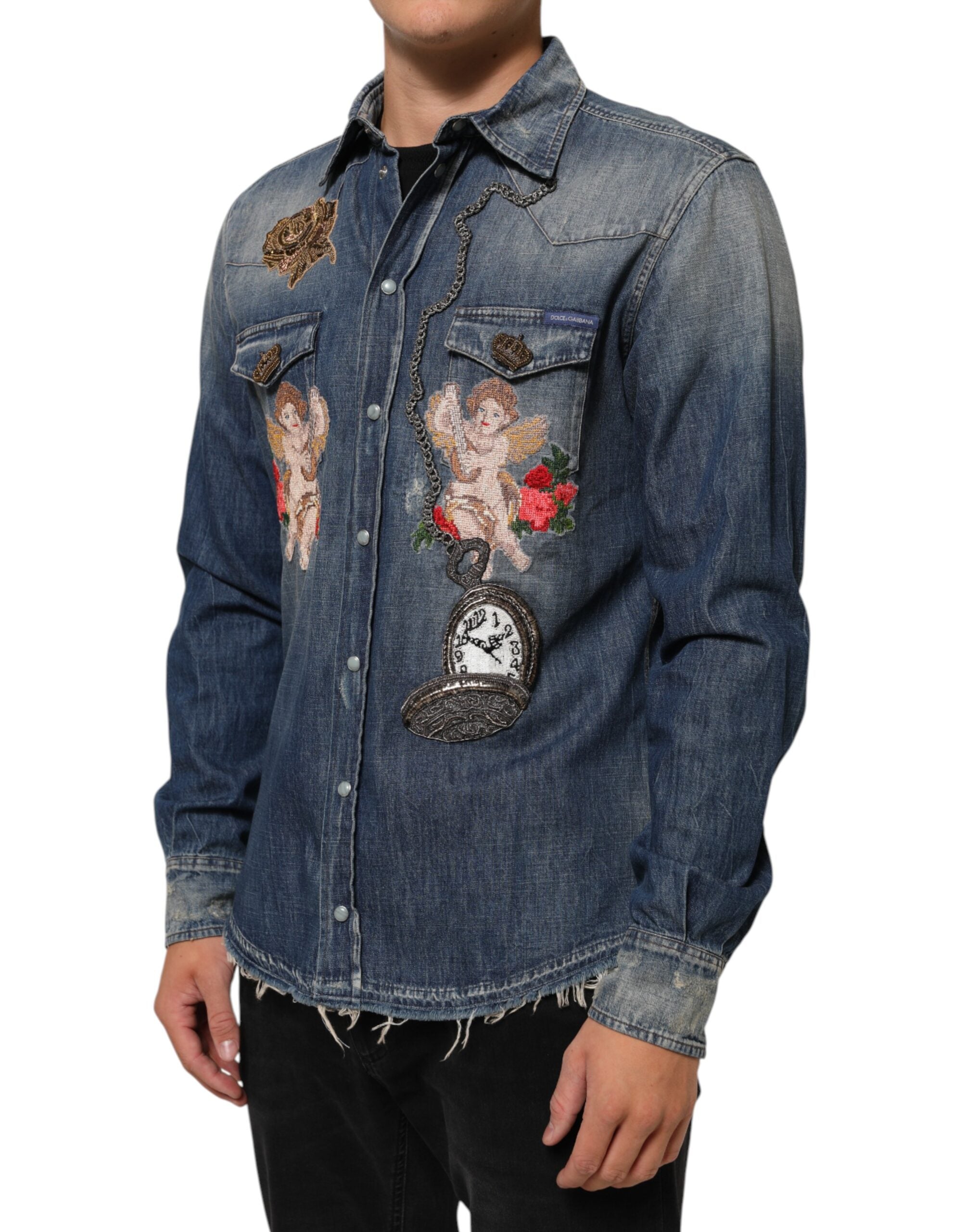 Dolce & Gabbana Blue Angel Patch Denim Buttoned Down Men Men's Shirt