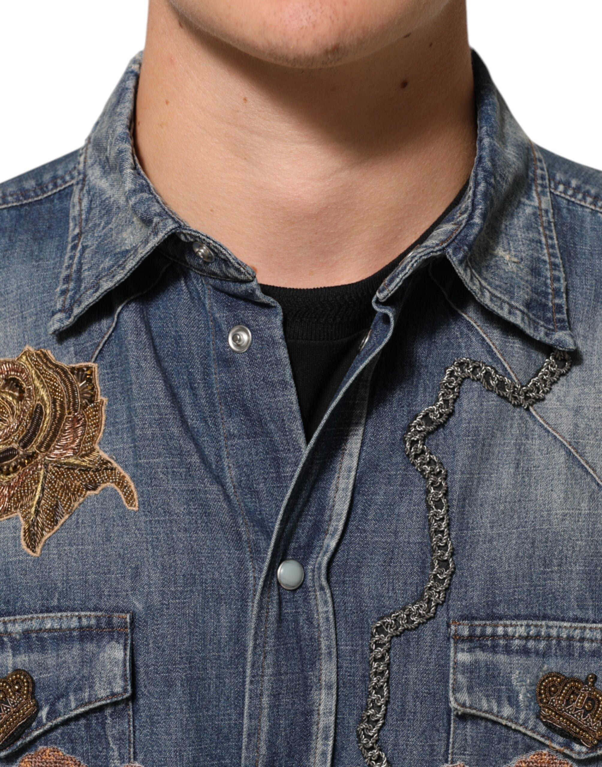 Dolce & Gabbana Blue Angel Patch Denim Buttoned Down Men Men's Shirt