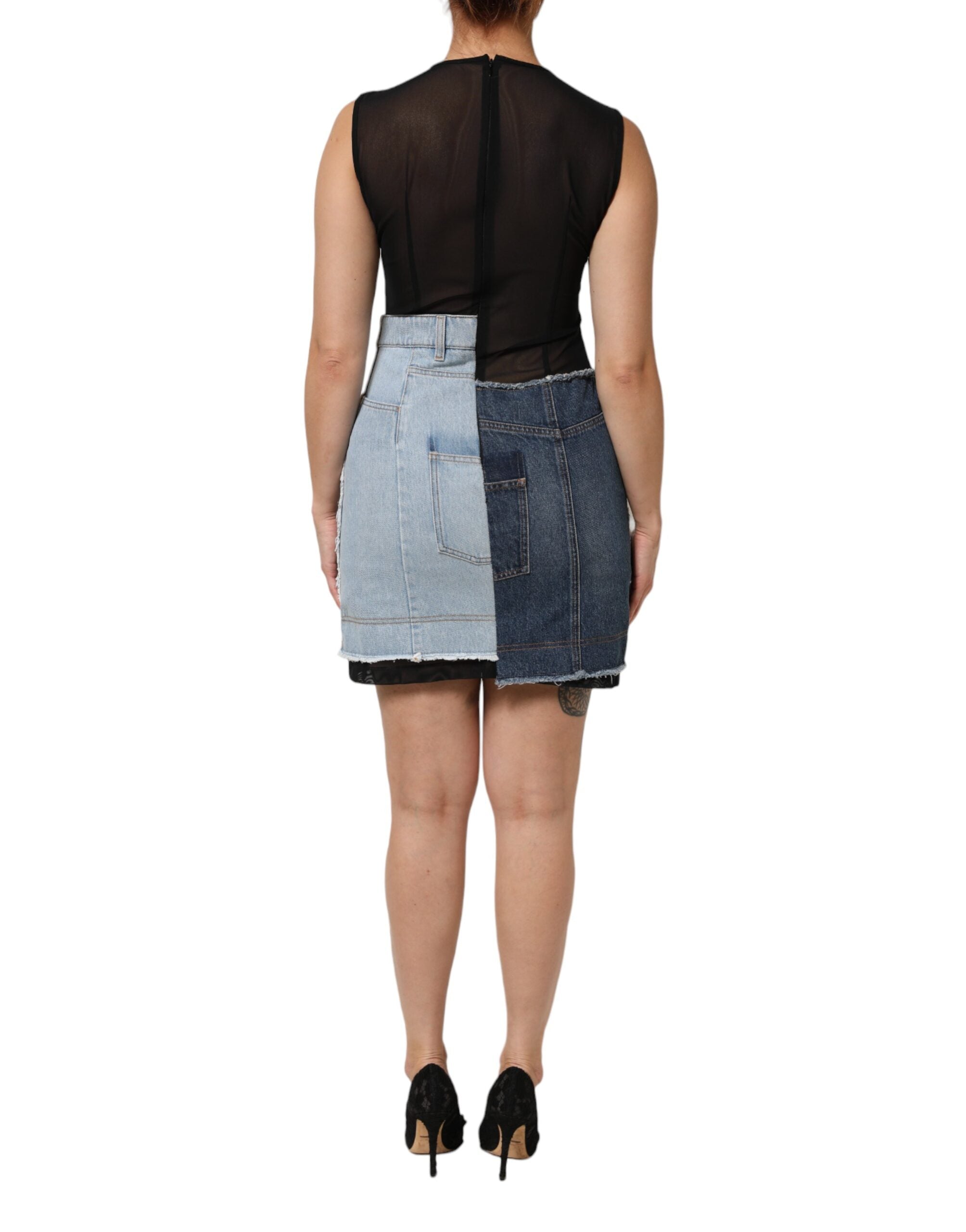 Dolce & Gabbana Blue Nylon Patchwork Denim Sheath Mini Women's Dress