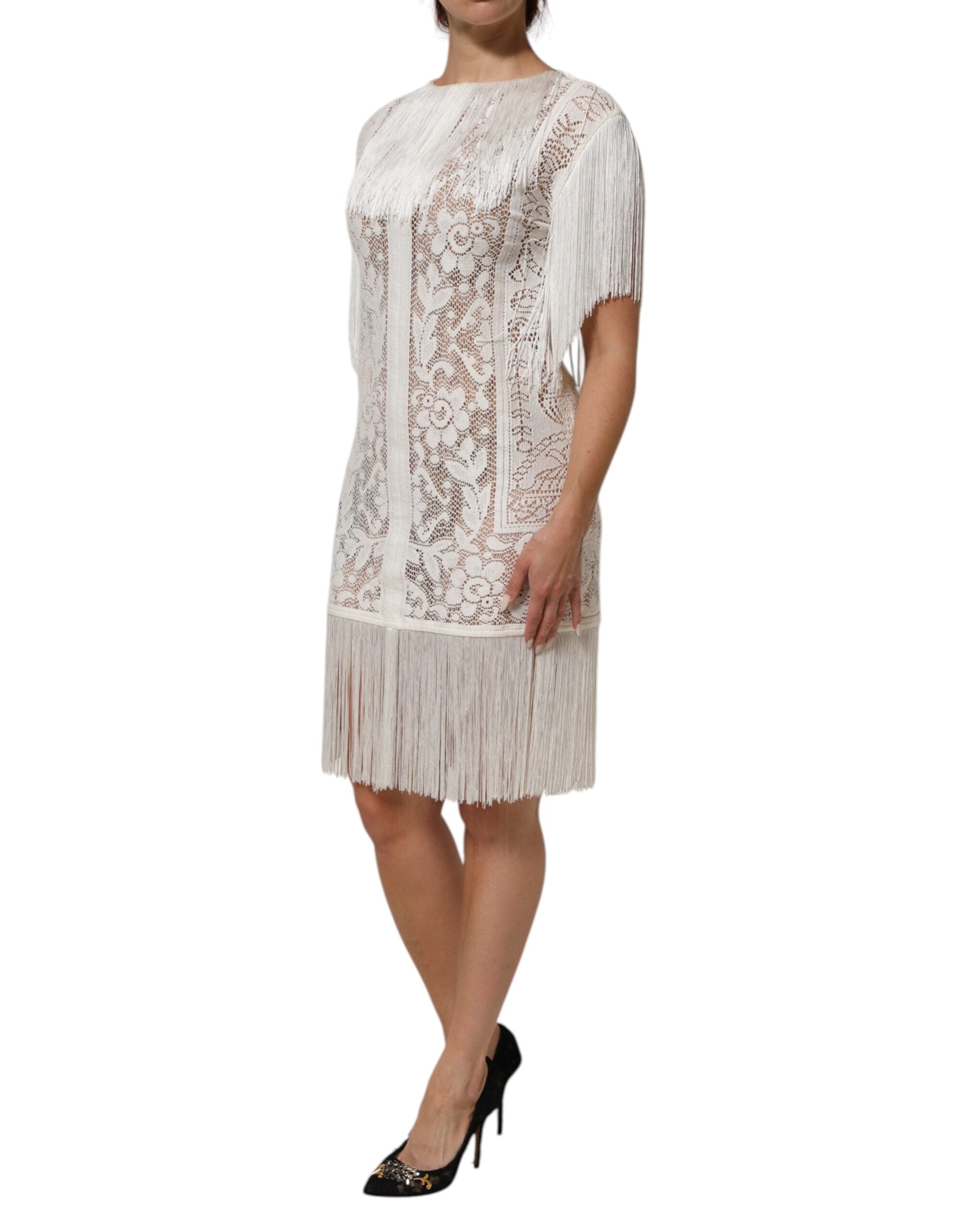 Dolce & Gabbana White Floral Lace Fringe Knee Length Women's Dress
