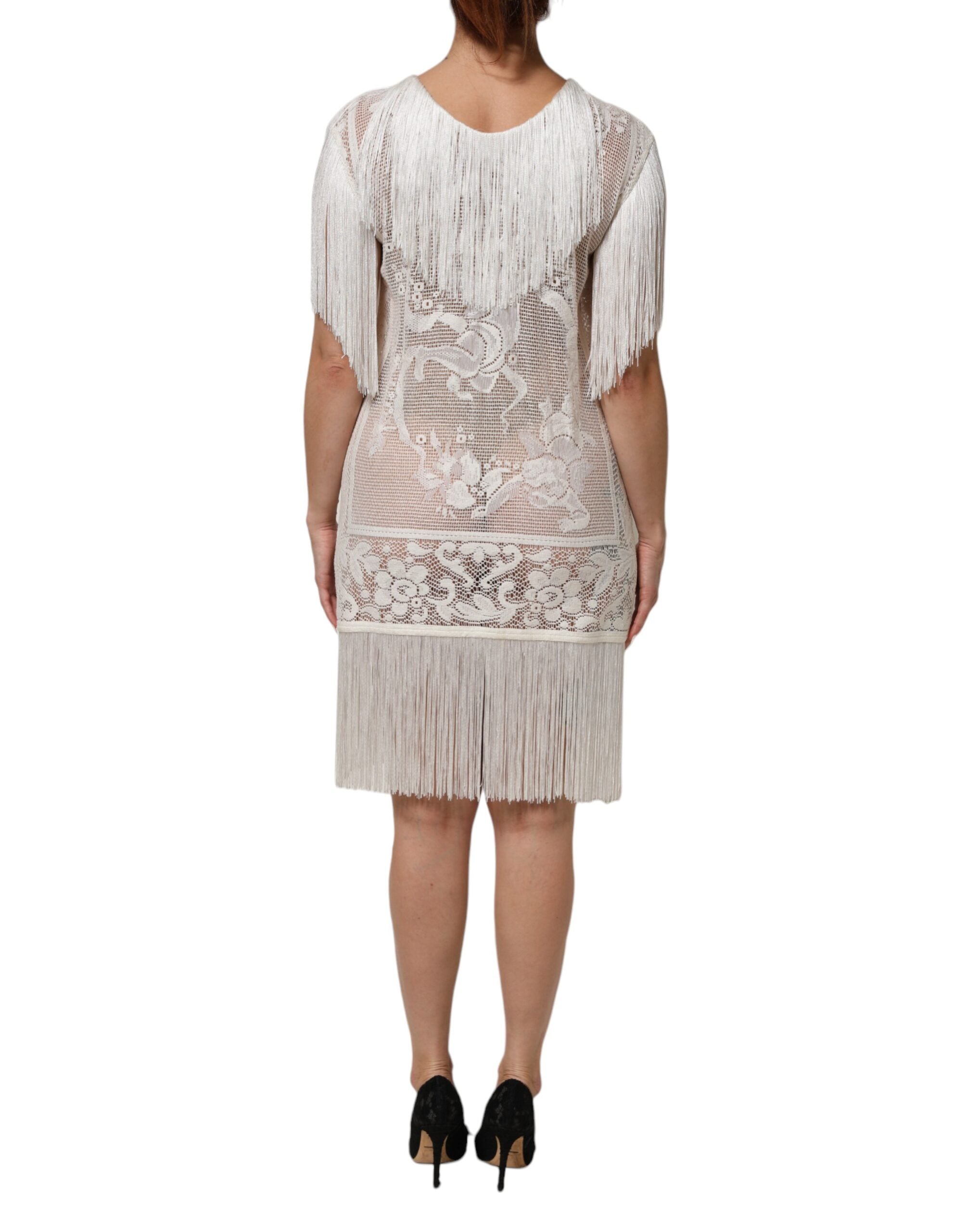Dolce & Gabbana White Floral Lace Fringe Knee Length Women's Dress